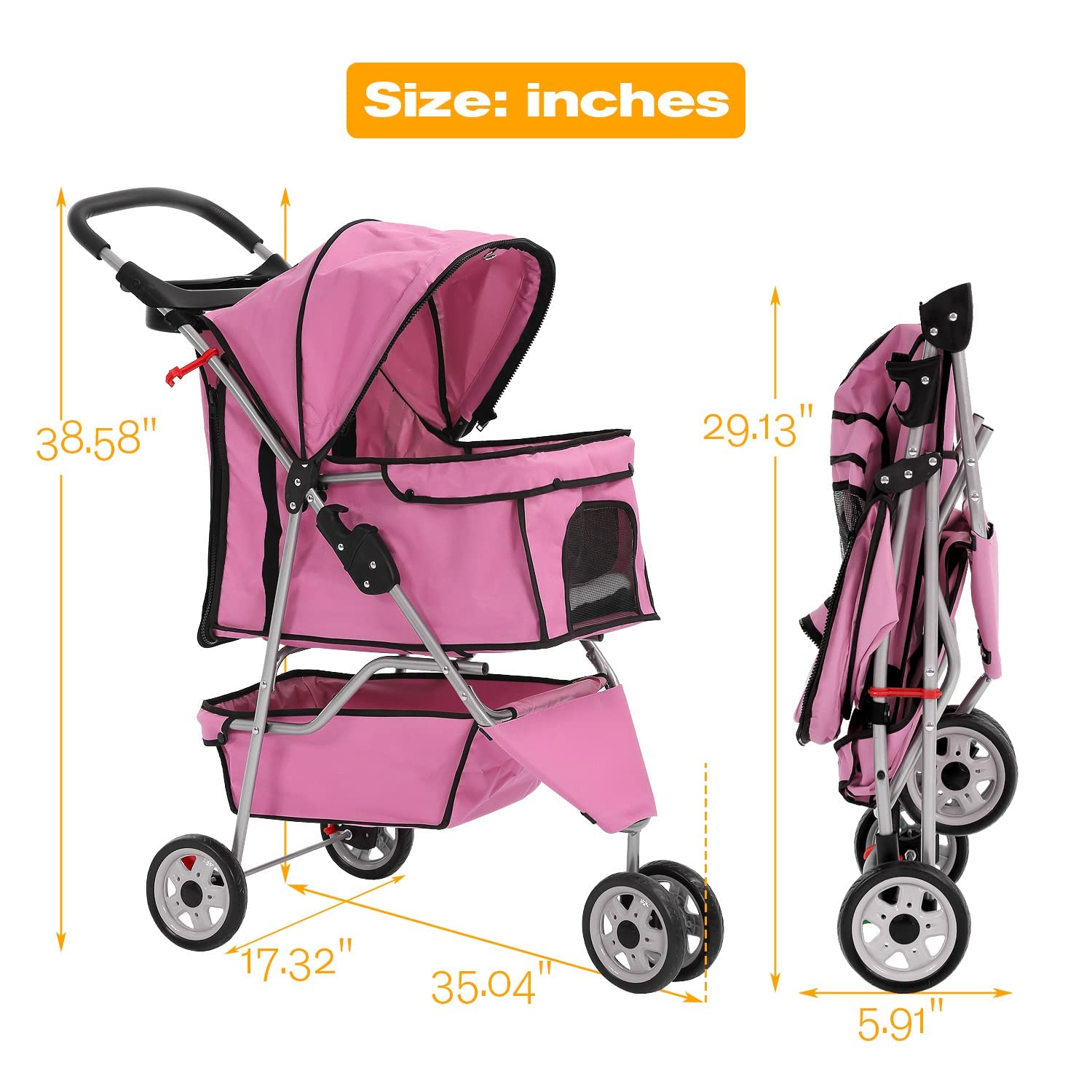 Hcy Folding Dog Stroller, 3 Wheels Pet Strollers Pet Gear For Small Medium Cats Dogs Puppy With Storage Basket, Cup Holder,Lightweight-Pink, 35.04Inchx 17.32Inchx 38.58Inch