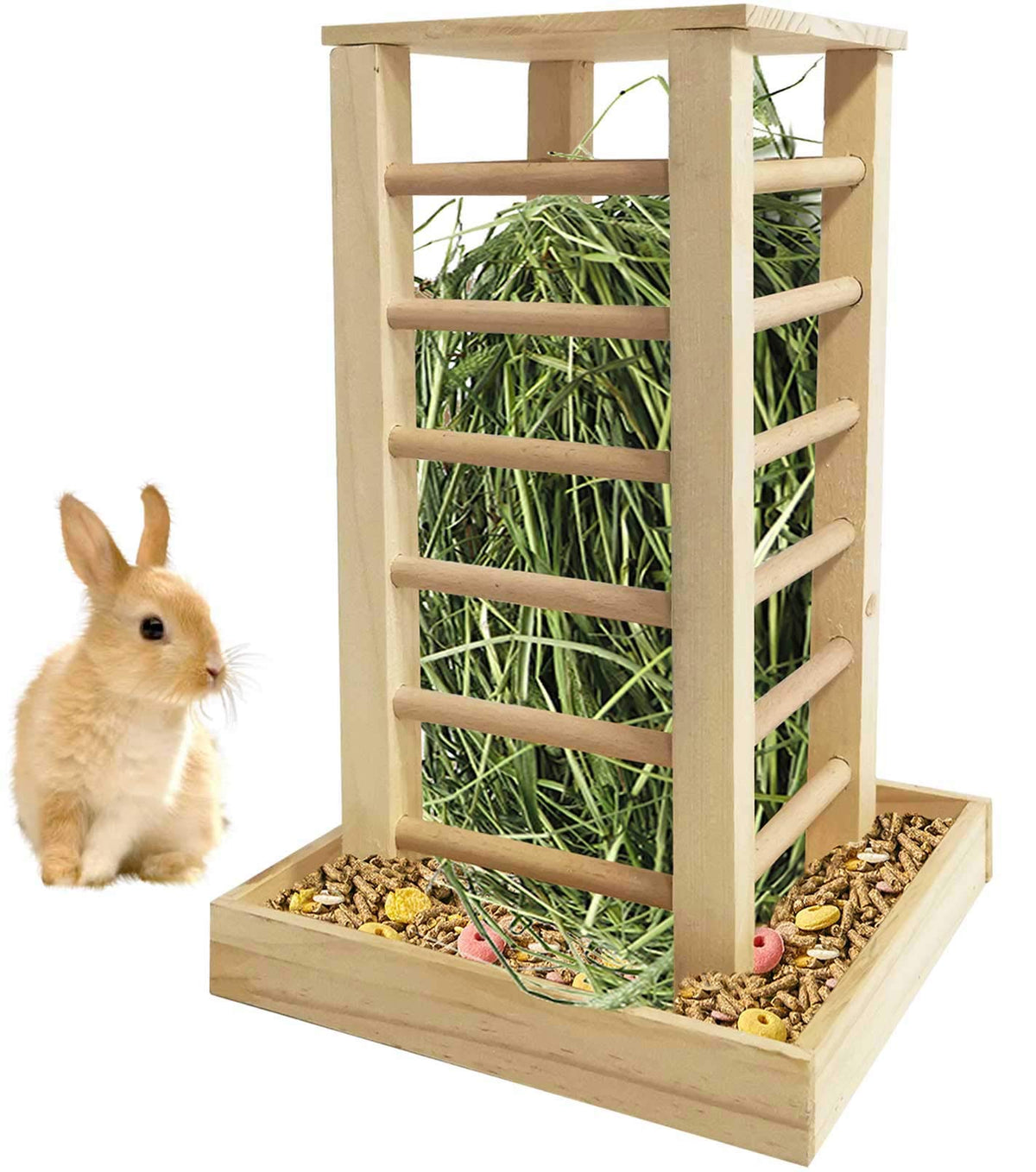 Kathson Wooden Hay Feeder Rabbit Less Waste Food Feeding Rack Standing Pet-Self Feeding Hay Manager Grass Holder Small Animals Cage Accessories For Bunny Chinchilla Guinea Pig