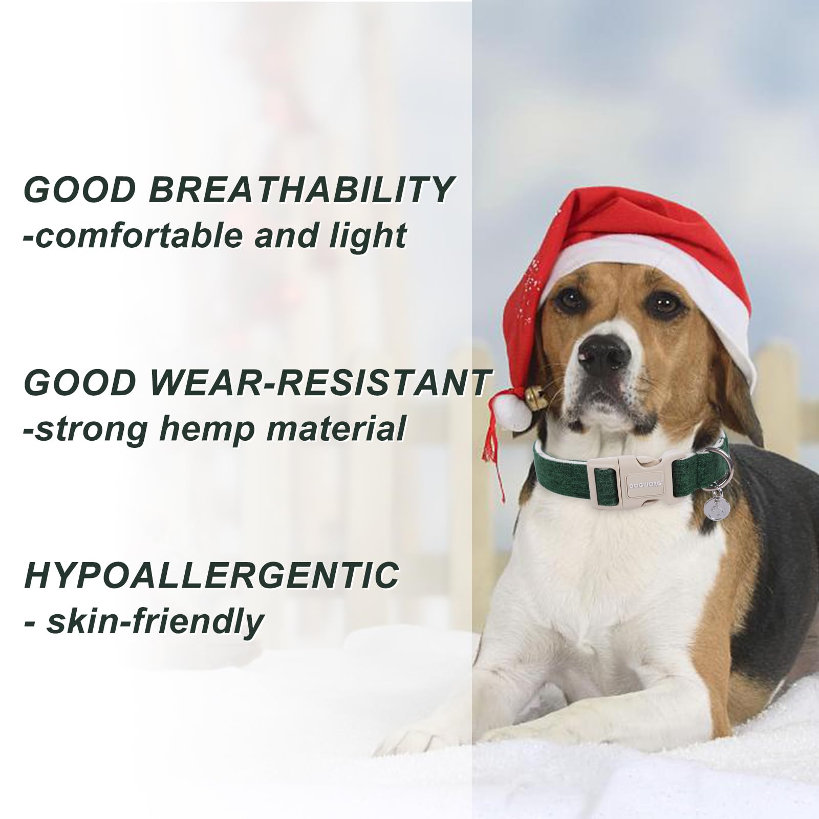 Dogwong Cotton Hemp Dog Collar, Heavy-Duty Christmas Green Dog Collar Adjustable Soft Natural Fabric Pet Dog Collar Cute Holiday