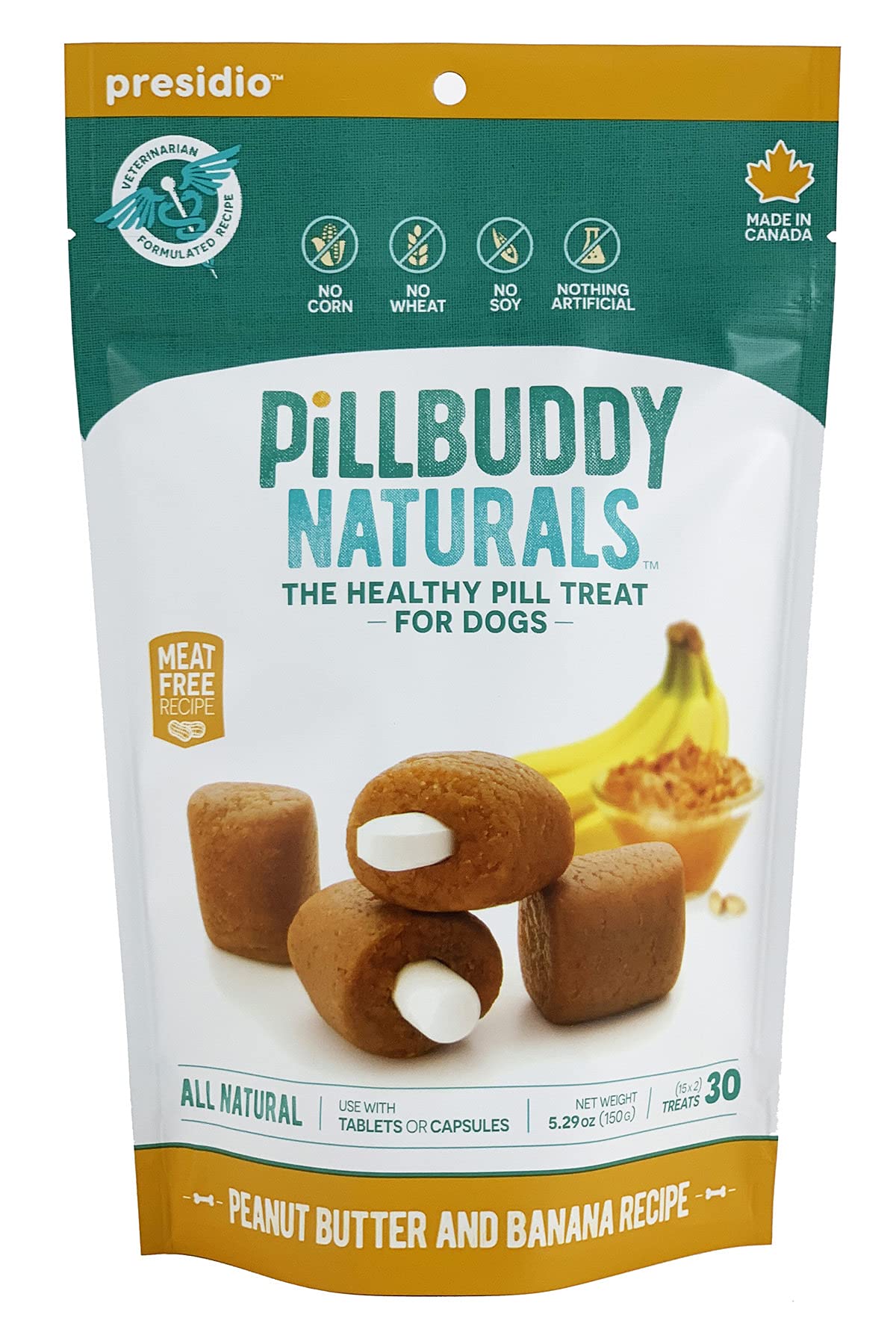 Presidio Pill Buddy Naturals Dog Treats, Peanut Butter & Banana, 30-Count, Brown, Model PBNPBB-9454