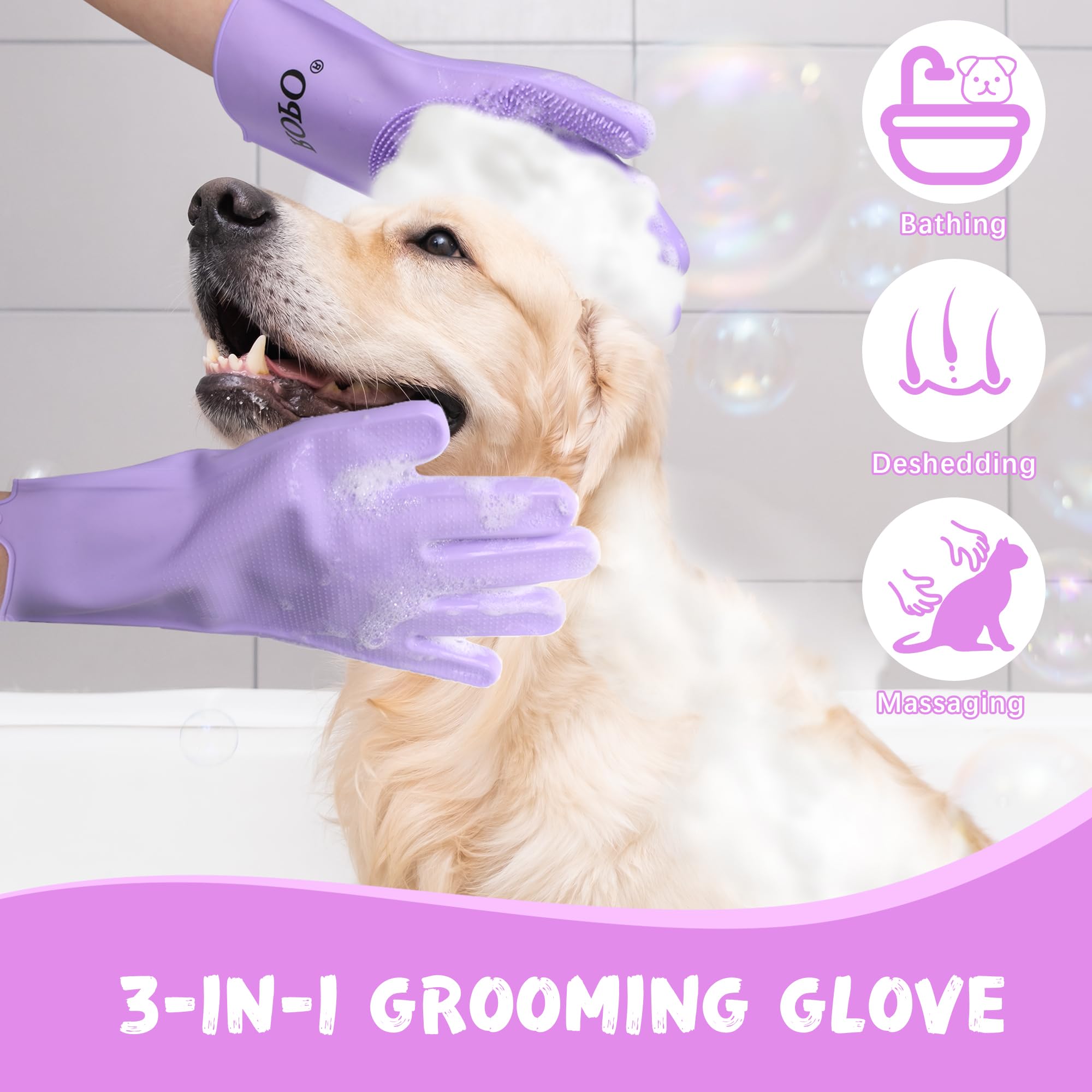 Ropo Silicone Gloves For Pet Grooming, Multi-Functional Gloves For Pet Hair Shedding, Bathing, And Massage (Purple)