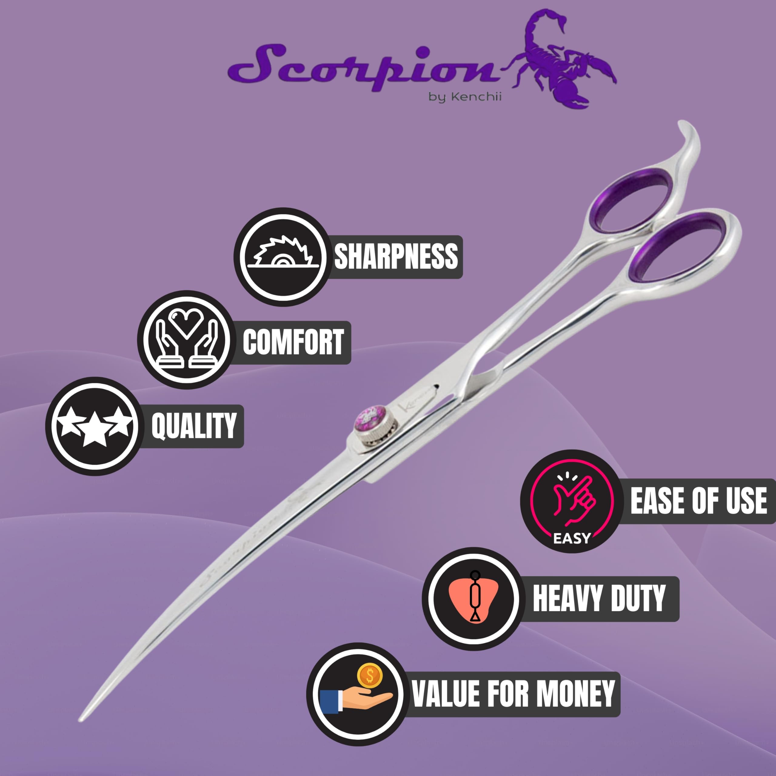 Kenchii Scorpion 8 Inch, Curved Grooming Scissors for Dogs and Pets - Premium Steel Scissors for Dog Grooming - Dog Shears Pet G