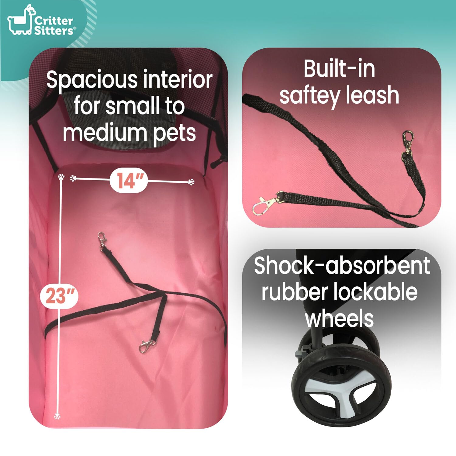 Critter Sitters 3-Wheel Jogging Pet Stroller With Storage Basket And Cup Holders, Modern And Stylish For Medium Sized Animals Up