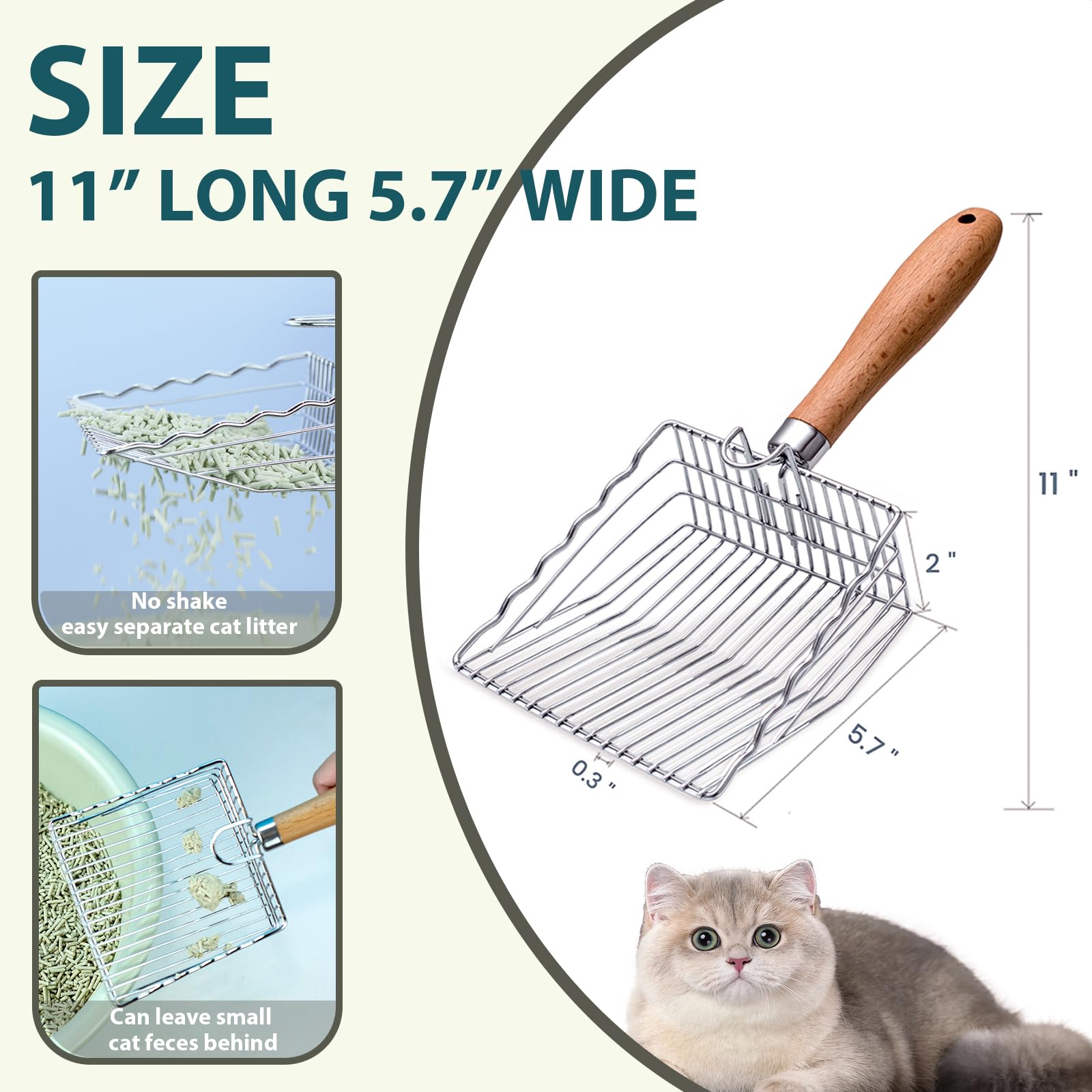 Armlulu Cat Litter Scoop, Kitty Metal Scooper With Hook And Hole, Stainless Steel Kitten Poop Lifter For Litter Box, Non Stick,