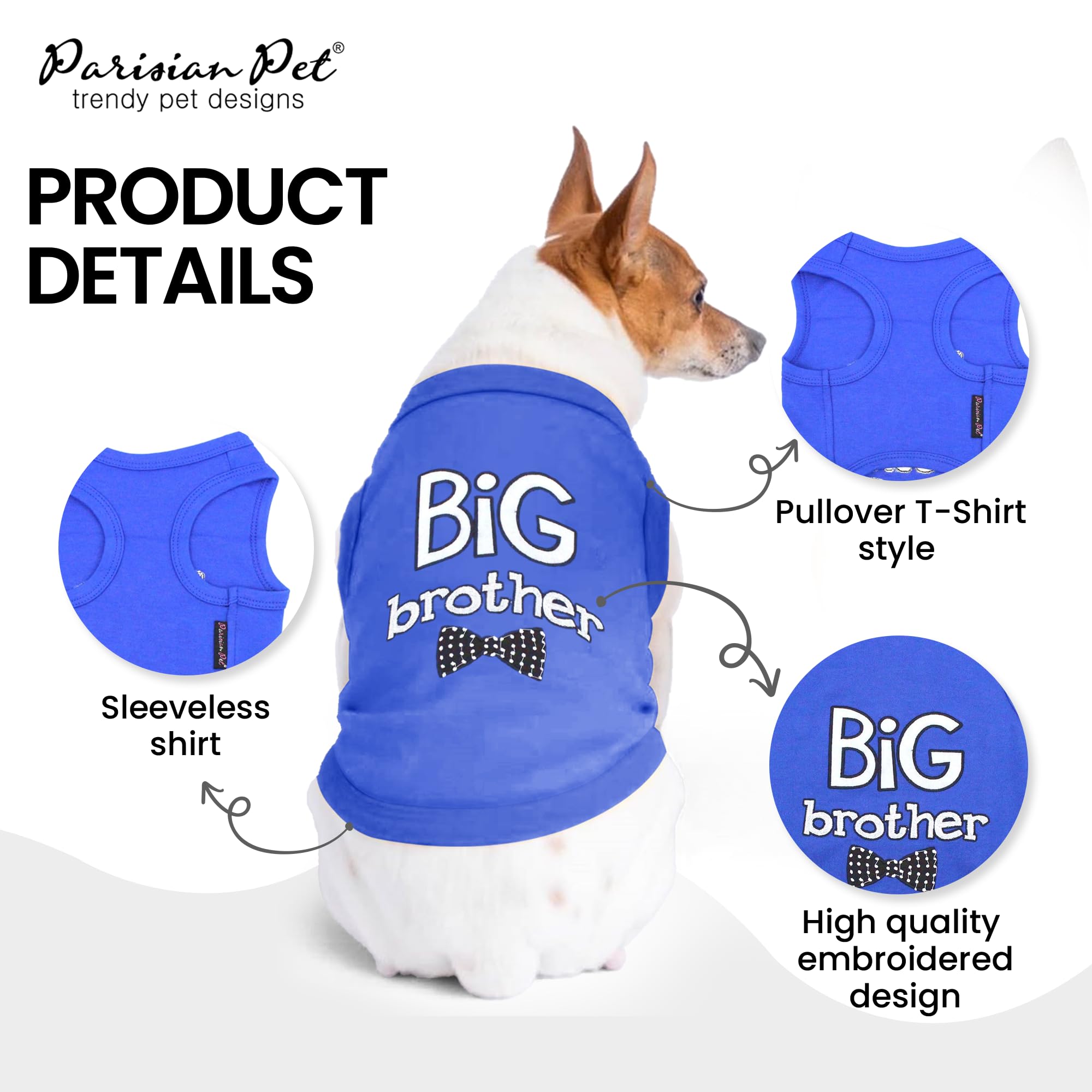 Parisian Pet Dog T-Shirt With Embroidered ' Big Brother ' Words - 100% Cotton, Big Brother Dog Shirt - Sleeveless Pet Vest - Machine Washable Blue Dog Shirt For Large Dogs, L