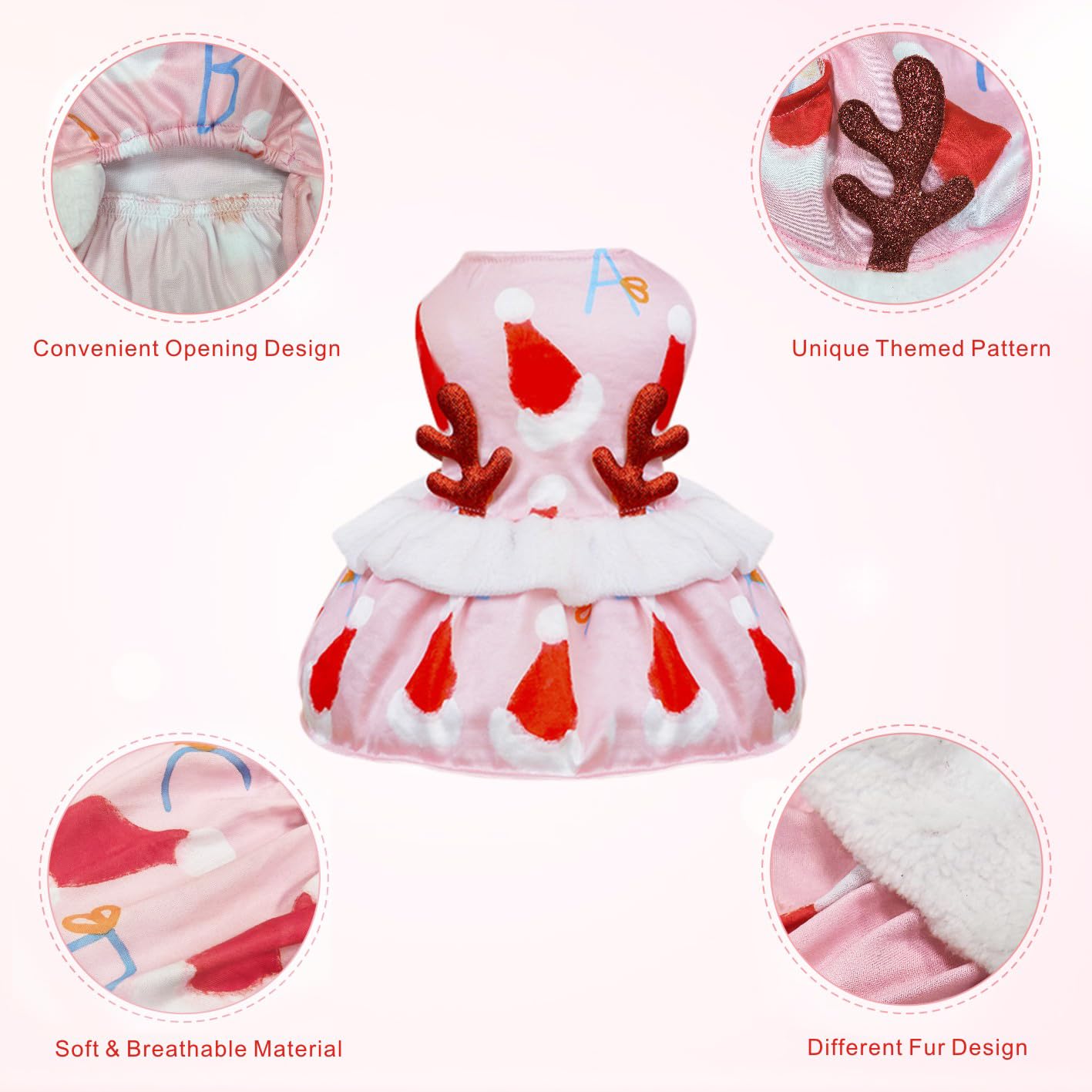 Otunrues Dog Dress With Elk Antlers In Velvet - Girl Dog / Cat Christmas, Holiday, Party Dress - Lightweight, Pink, Xl