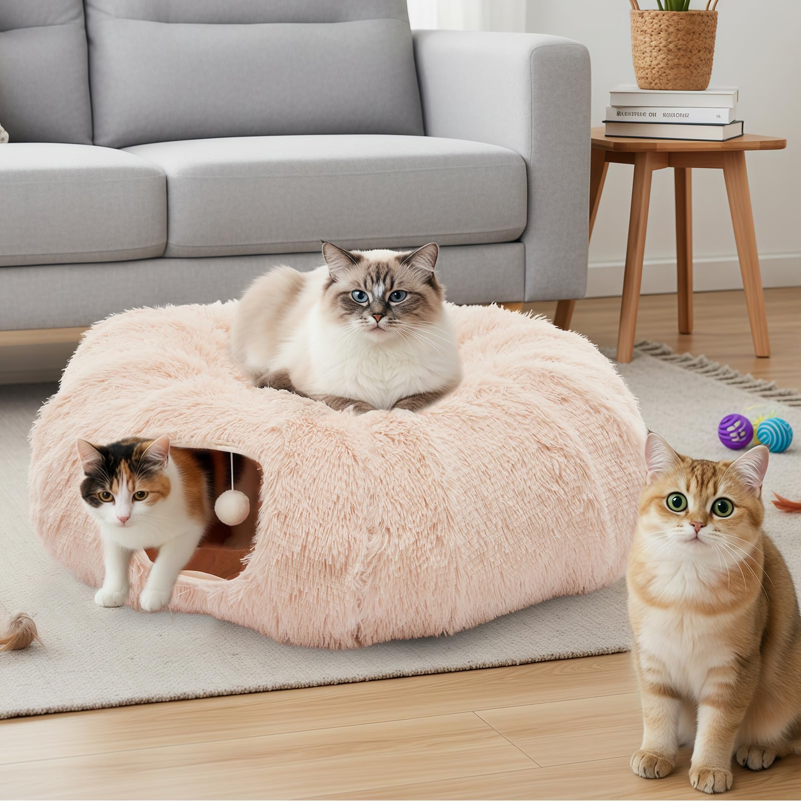 DUMOS Cat Tunnel Bed for Indoor Cats Cave Donut Play Tunnel, Soft Plush Peekaboo, Circle Cushion, Washable Multifunctional Playg