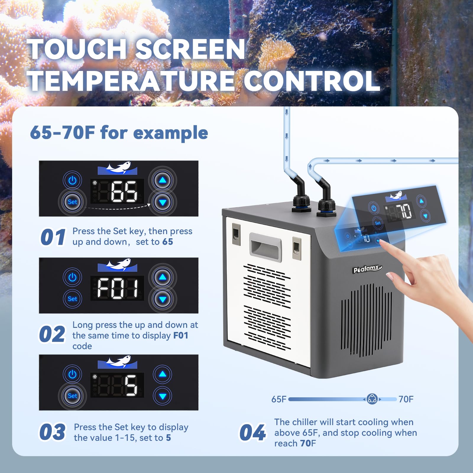 [New Upgrade] Poafamx Aquarium Chiller 42Gal Water Chiller for Fish Tank 1/10 HP Aquarium Cooler with Touch Screen Quiet Refrige