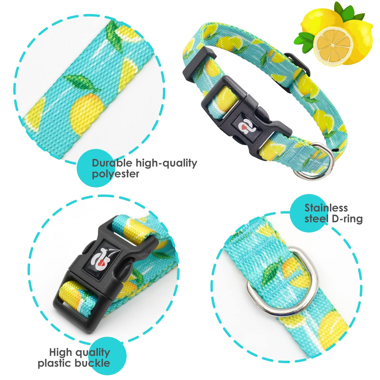 Azuza Dog Collar And Leash Set, Lemon Patterns On Blue Nylon Collar And Matching Leash, Great Option For Medium Dogs