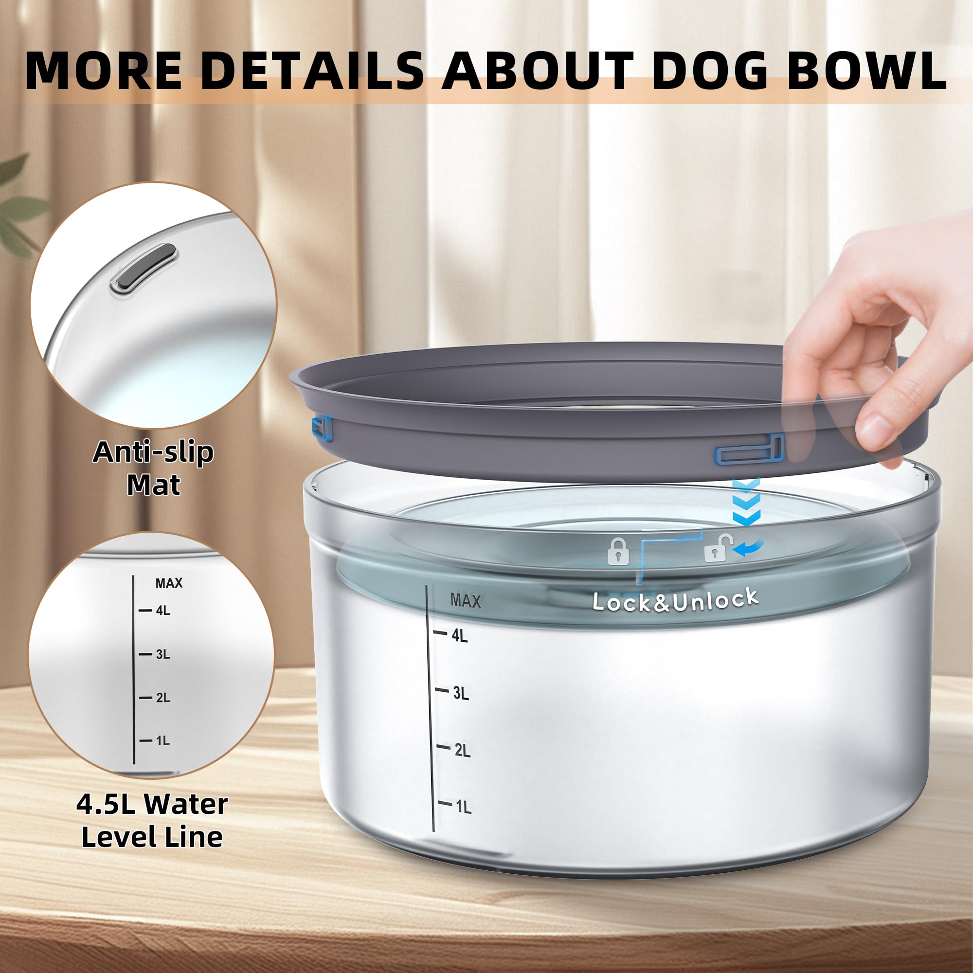Decflow 1.2Gallon Dog Water Bowl No Spill, 4.5L Large Capacity Spill Proof Dog Bowls with Transparent Floating Disk, Anti-Splash
