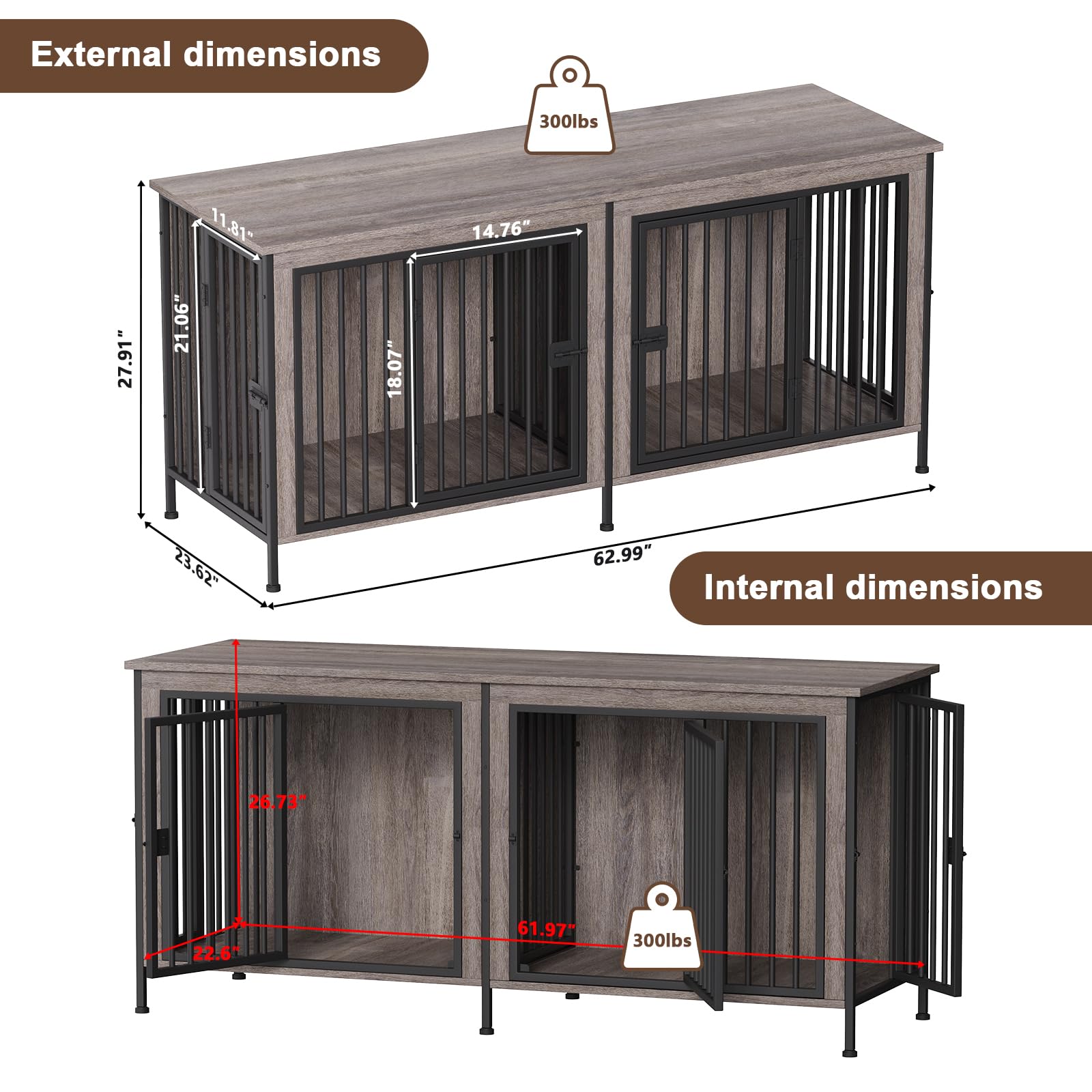 EasyCom 63 Dog Cage Furniture for 2 Pets with Divider, XL Wooden Double Dog Crate Furniture TV Stand for Mideum Breed, Durable a