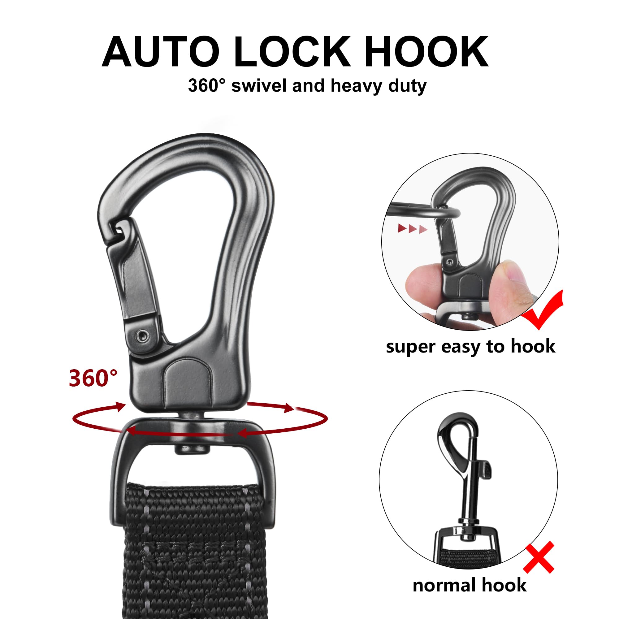 TwoEar Dog Leash - 4FT, 1IN, Black, Dual Padded Handles, Reflective, Auto Lock Hook for Small, Medium & Large Dogs