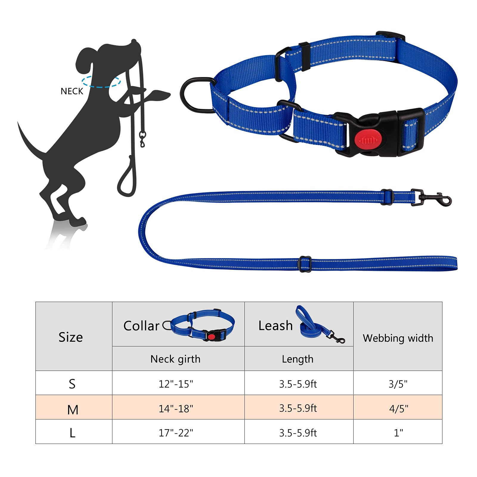 Martingale Dog Collar And Leash Set Martingale Collars For Dogs Reflective Martingale Collar For Small Medium Large Dogs(Blue&M)