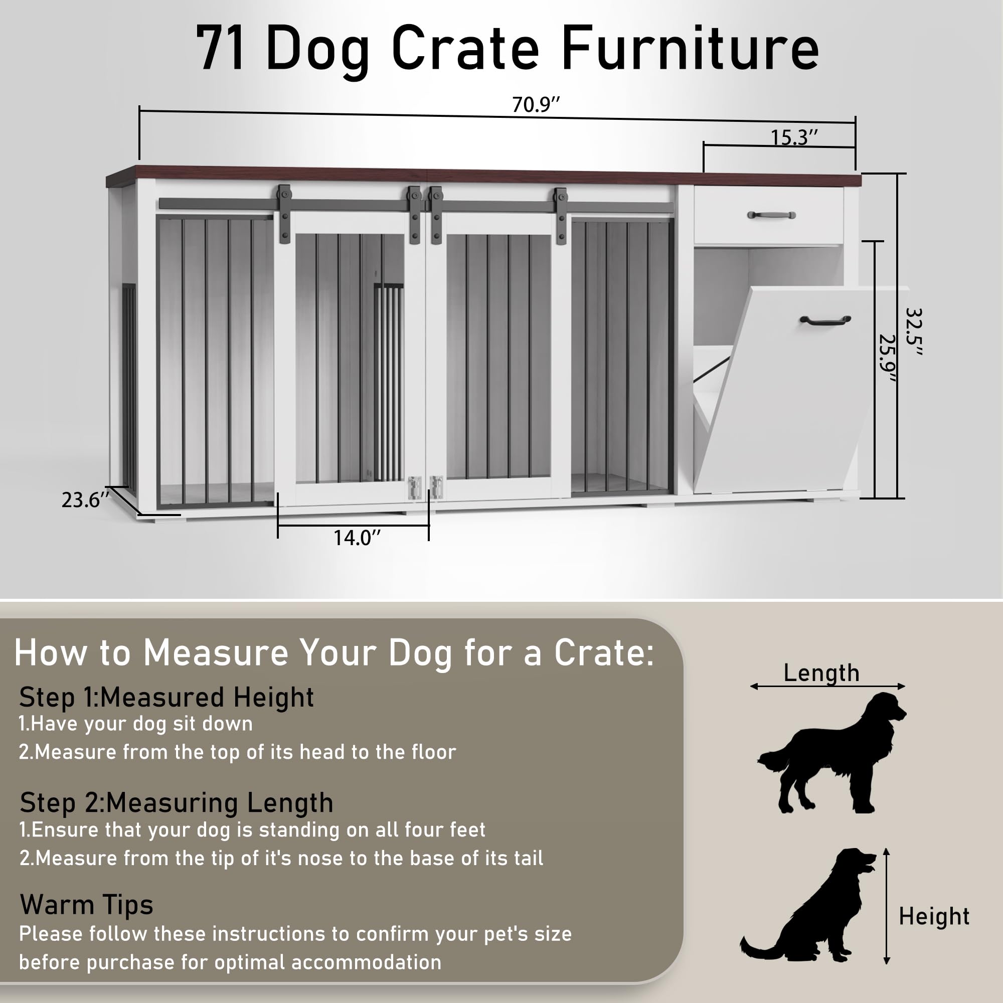 71  Large Dog Crate Furniture for 2 Dogs, Wooden Dog Kennel with Drawer, Furniture Style Dog Crates, Decorative Dog Crate with T