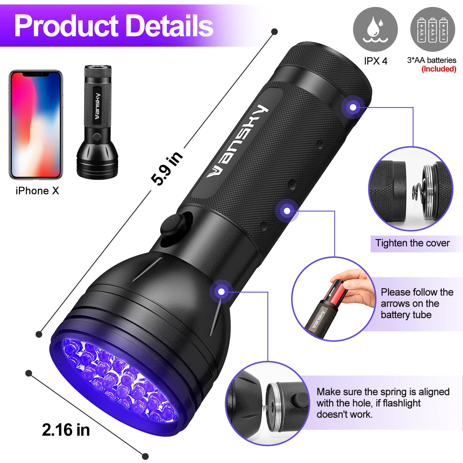 Vansky UV Flashlight, 51 LED Blacklight Pet Urine Detector, Black, Includes Batteries, Ideal for Dog/Cat Urine and Stains