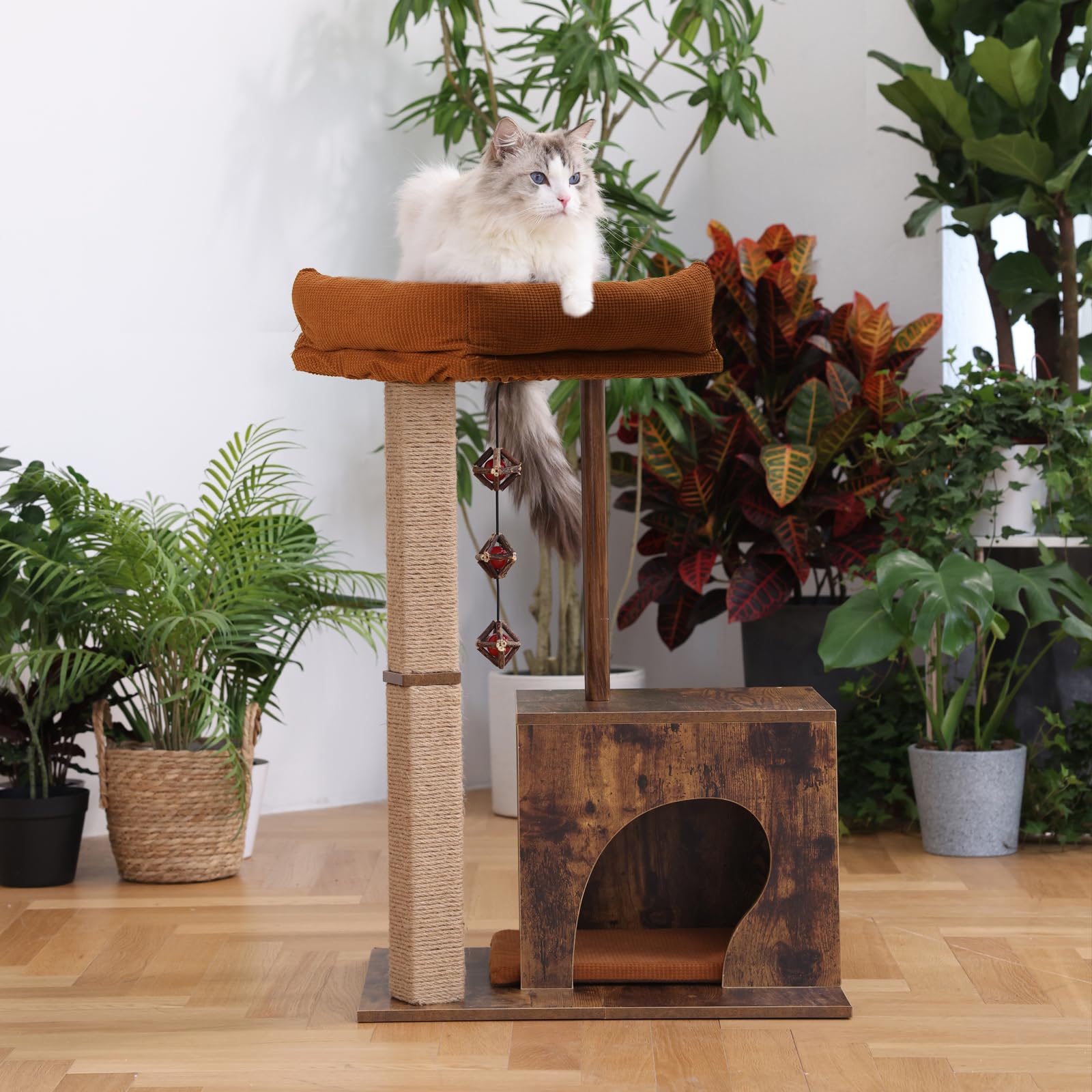 Fukumaru Cat Scratching Post, Modern Style Cat Tree With Unique Square Post, Wooden Cat Tower With Silvervine Balls, Retro Cat C