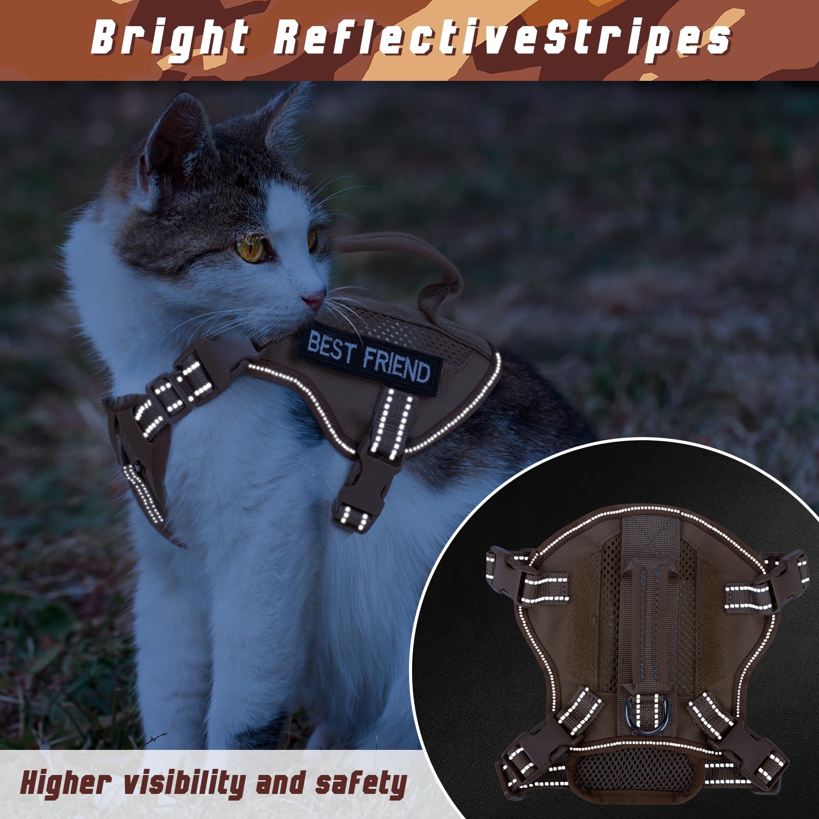 Salfse Large Tactical Cat Harness Leash, Air Mesh Adult Cat Walking Vest Harness Escape Proof With Handle, Reflective (Black, L)