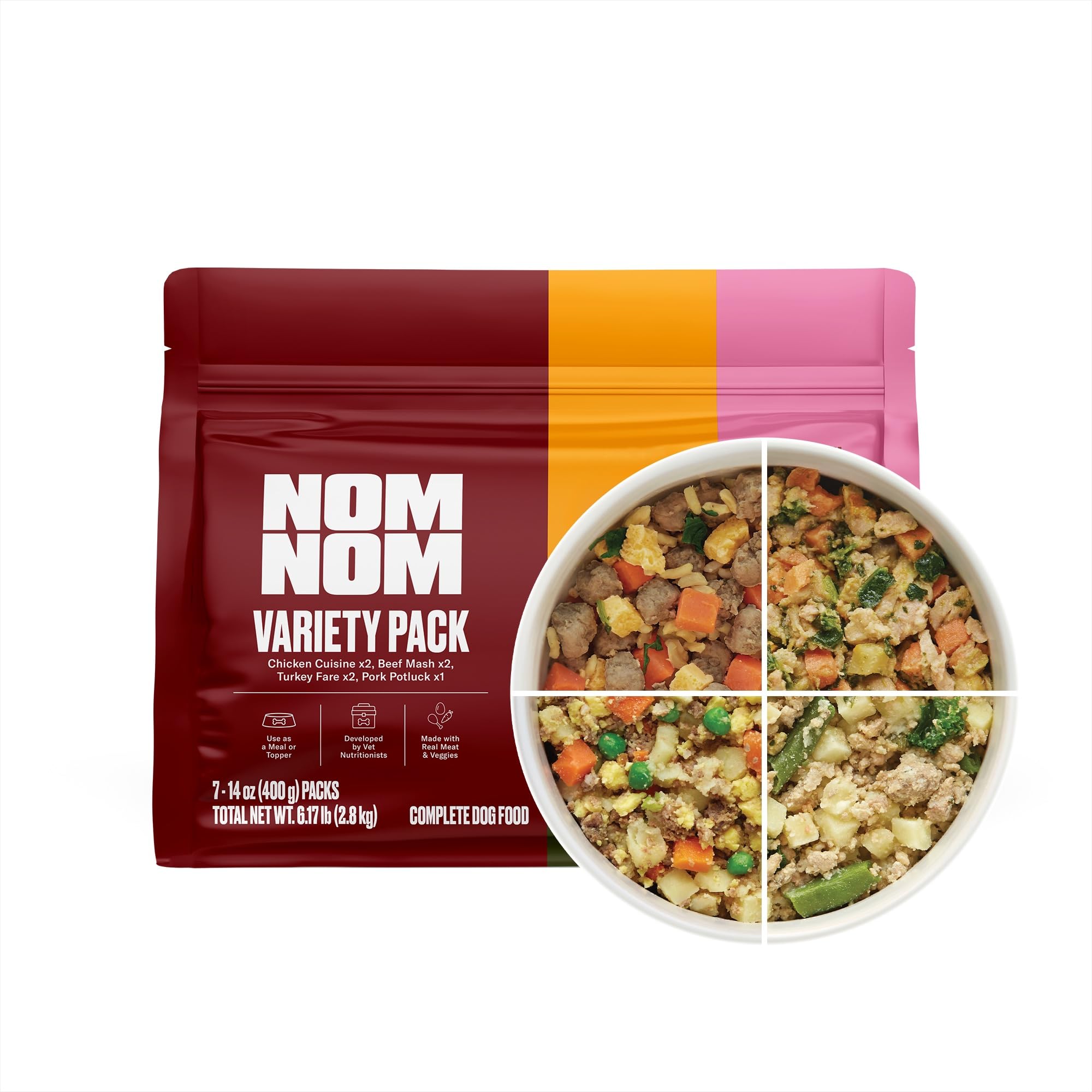 Nom Nom Freshly-Made Frozen Variety Pack Dog Food - Vet-Formulated Fresh Meals with Real Beef, Chicken, Turkey & Pork - Gently C