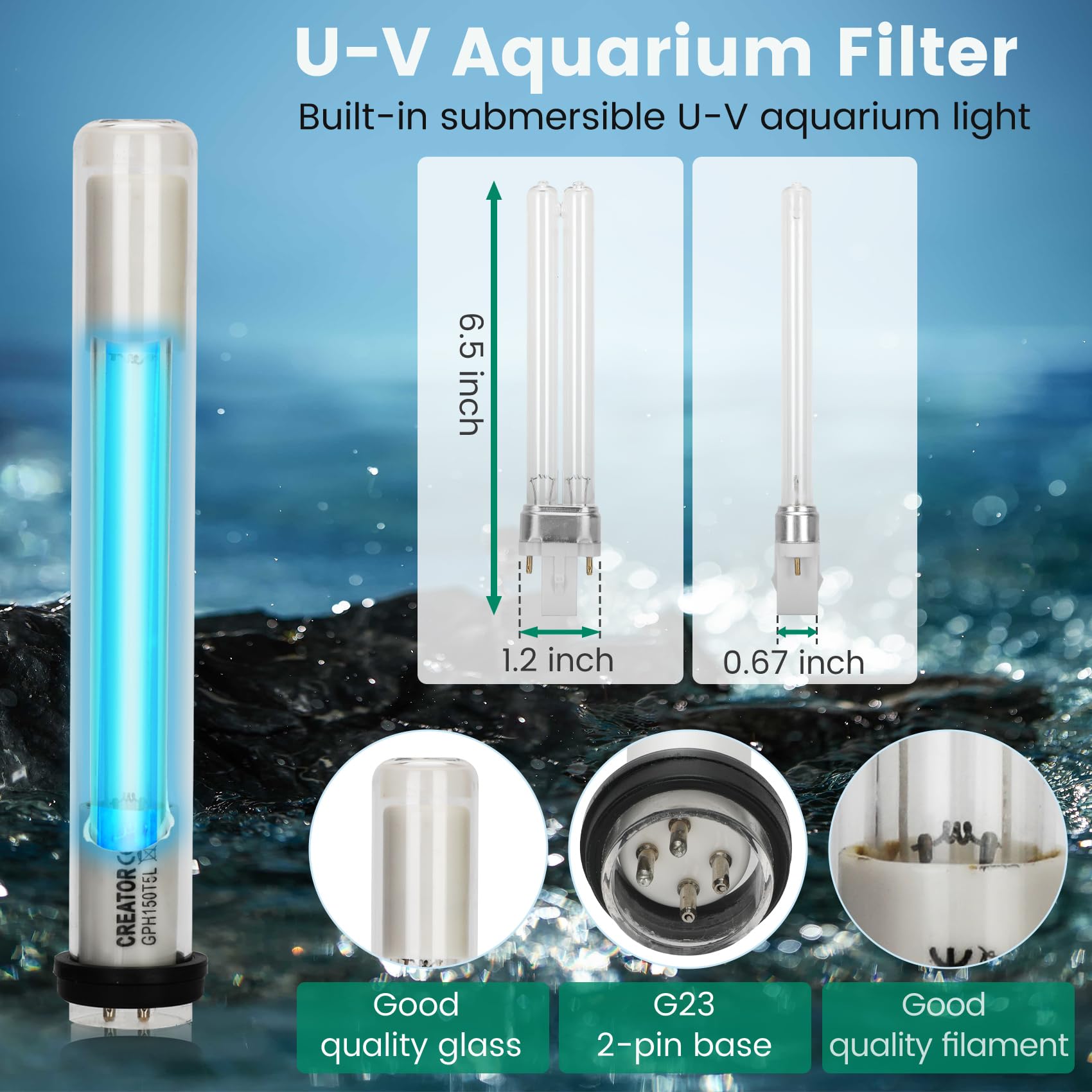 Aquarium Filter U-V for 40-150 Gallon, 400GPH Fish Filter with 9W U-V Double Light Green Water and Algae Submersible Powerful Cl