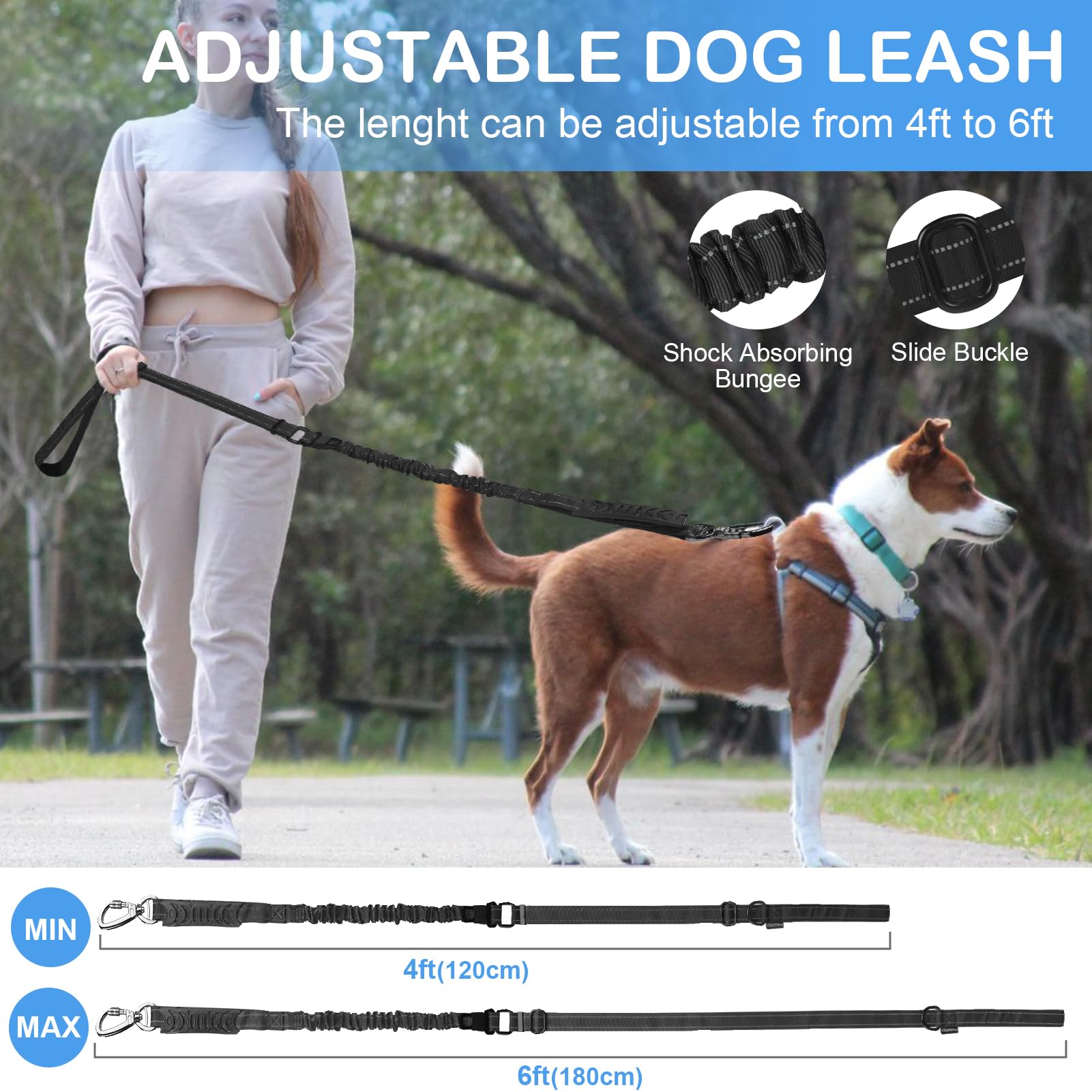 Chioratree Tactical Dog Leash Heavy Duty, 4-6FT Shock Absorbing Bungee Dog Leash, Reflective Military Strong No Pull Dog Leash w