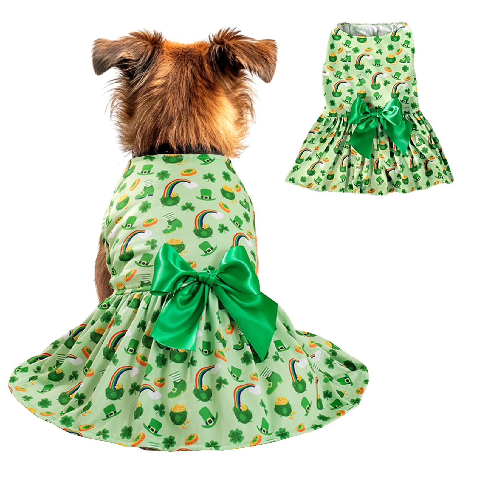 St. Patrick'S Day Dog Costume Dress M - Lucky Clover And Horseshoe Design With Green Bow, Pet Outfit For 8-9 Lbs Dogs And Cats, 