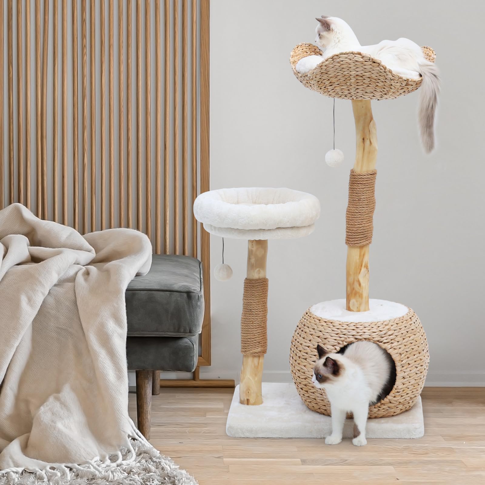 Kulamoon Modern Cat Tree Tower For Indoor Cats, Real Branch Luxury Cat Condo With Scratching Post, Jumping Platforms, Hanging To