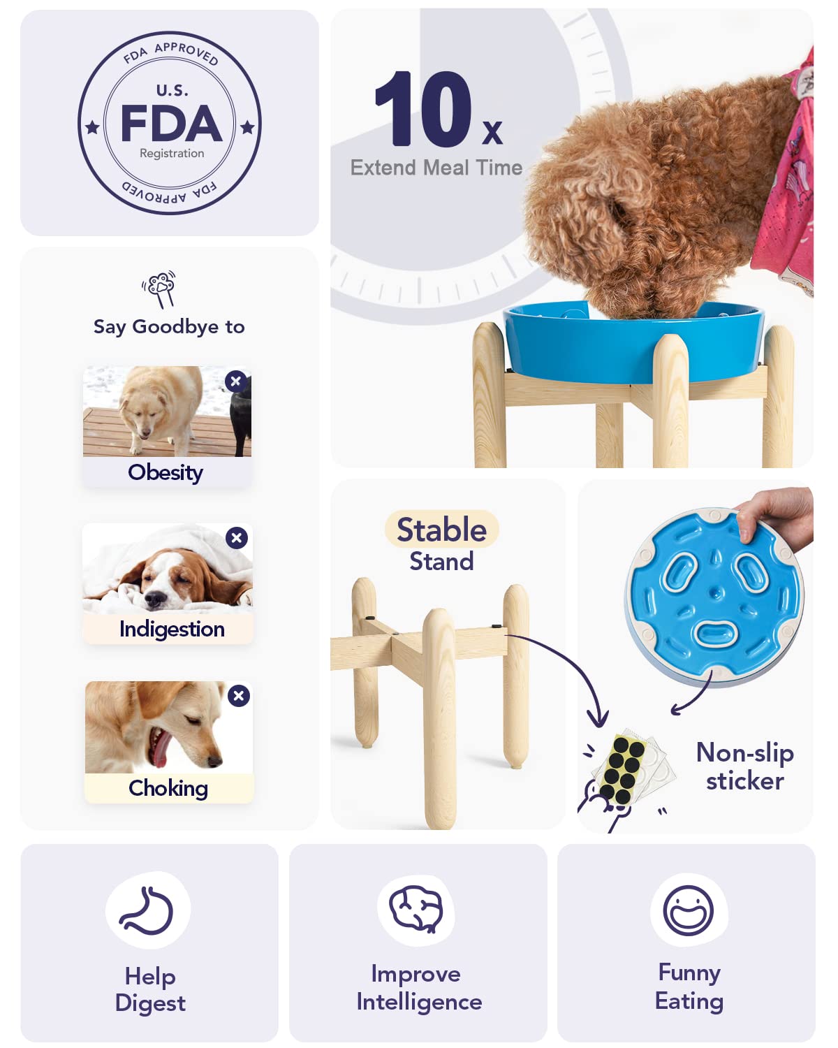 LE TAUCI Ceramic Slow Feeder Dog Bowls Elevated for Small and Medium Breed, Dog Bowls with Wooden Stand, 1.5 Cups Dog Dishes to