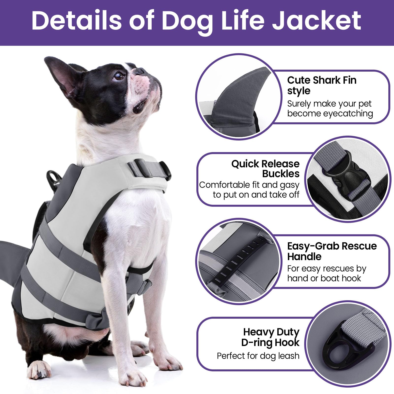 Bess Bridal Dog Life Jacket - Shark Life Vest for Swimming Boating - Reflective Lifejacket Swimsuit for Small Medium Large Dogs