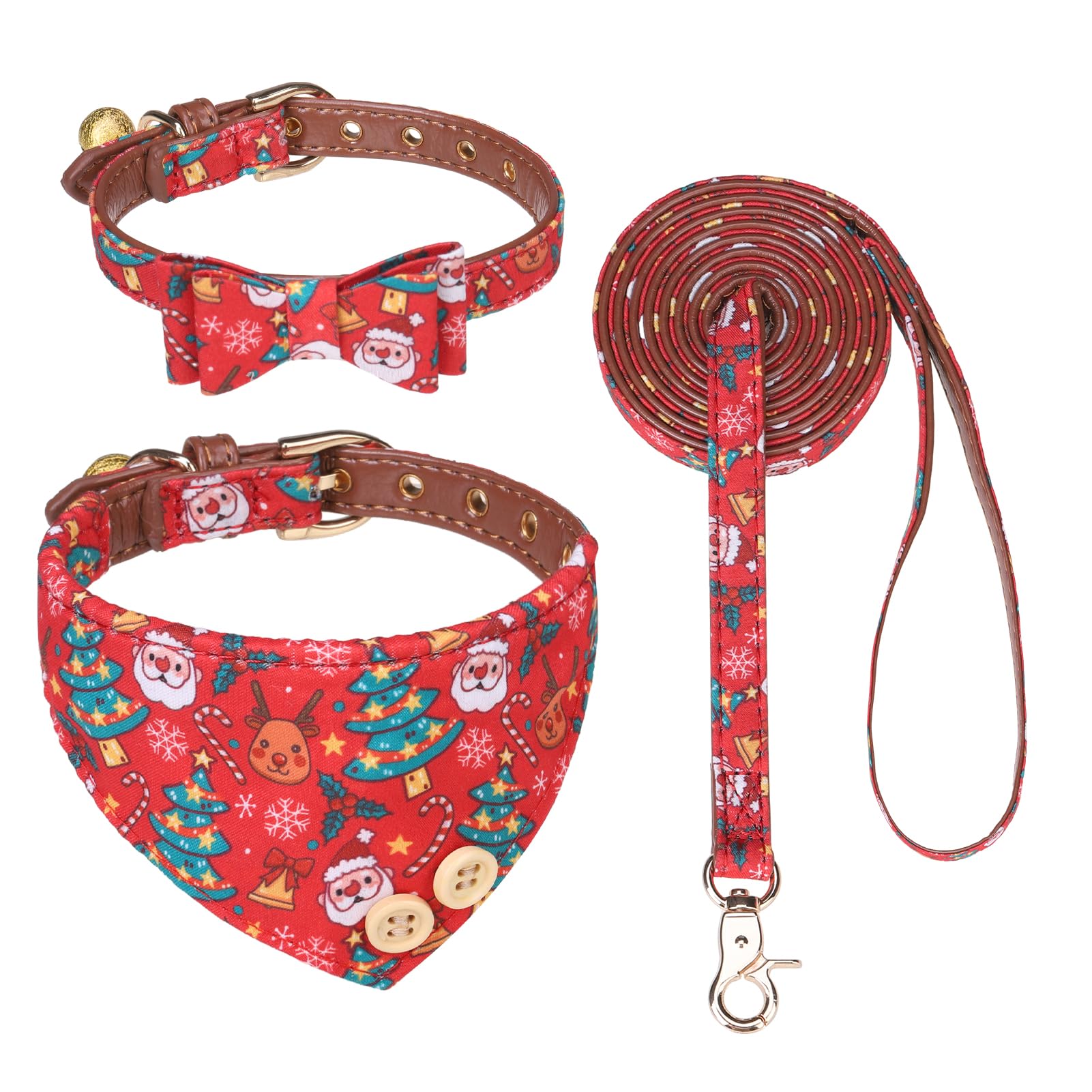 Expawlorer Christmas Dog Collar And Leash Set - Adjustable Collars With Bow Tie, Bandana, And Bell For Small, Medium, Large Dogs