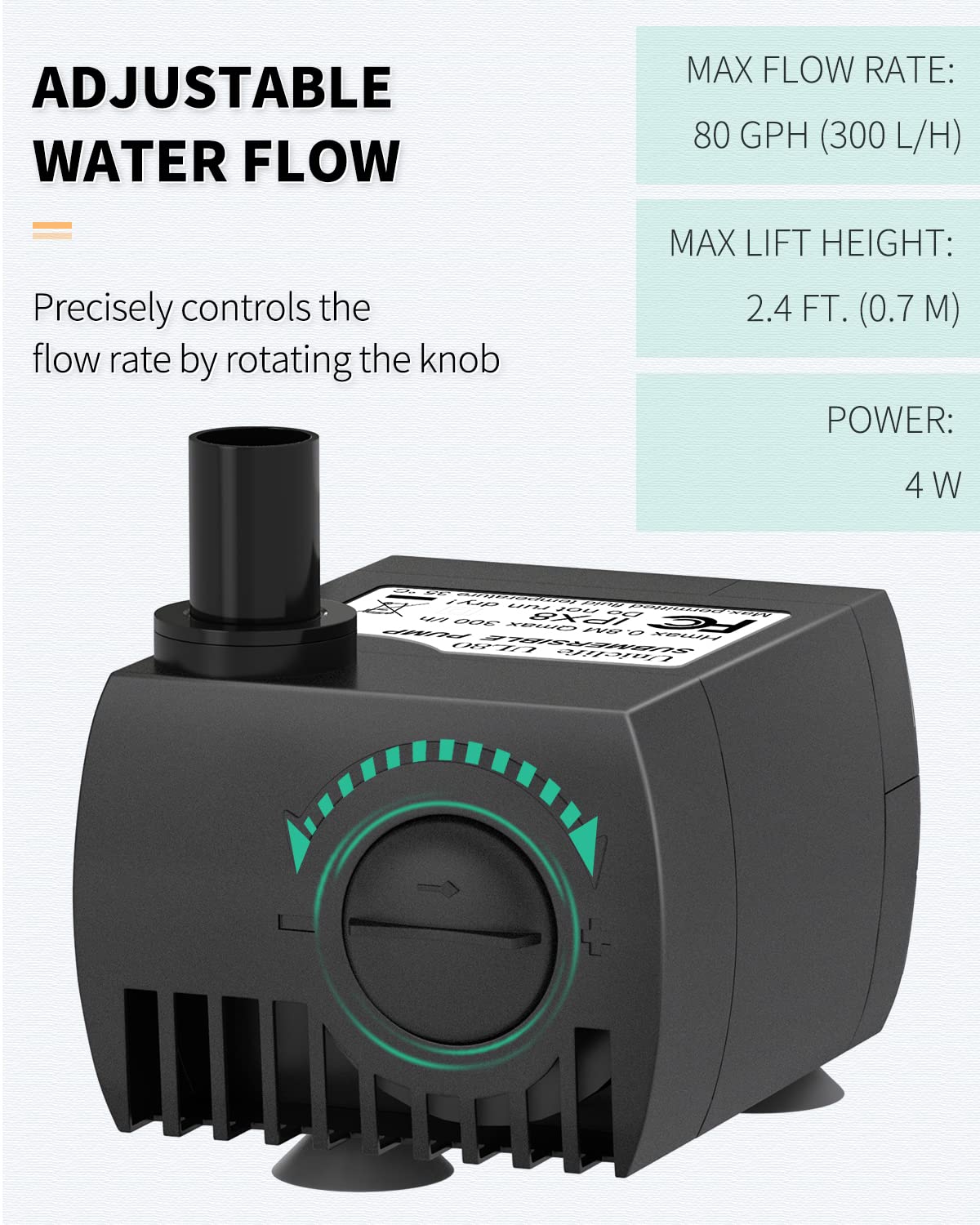 Uniclife 80 GPH Submersible Water Pump, 4W Quiet Pump for Fountain & Aquarium, 2.4ft High Lift, Black