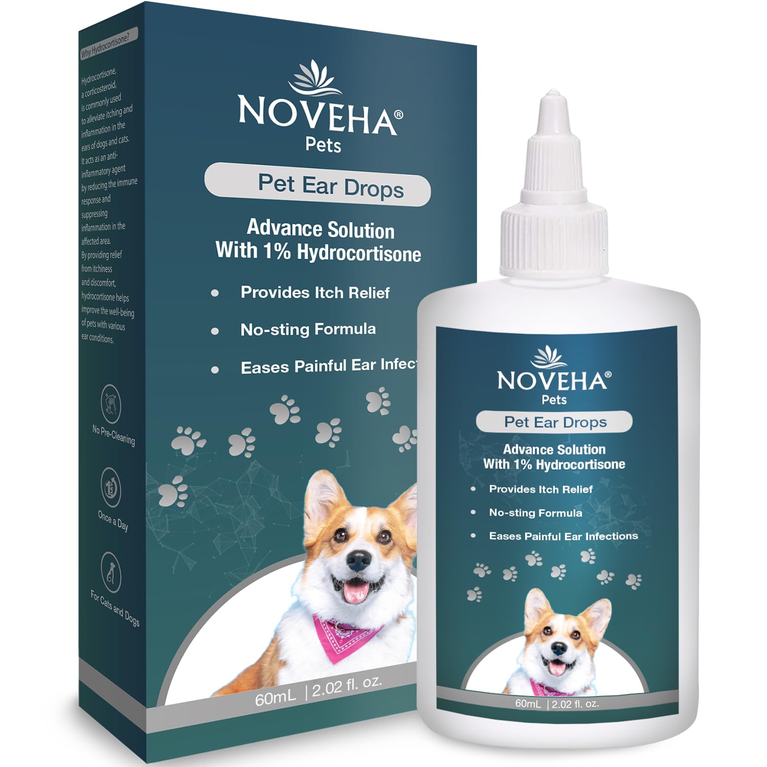 NOVEHA Pet Ear Drops with 1% Hydrocortisone  Ear Cleaner for Dogs & Cats for Earwax buildup, Acute & Persistent Soreness - No-St