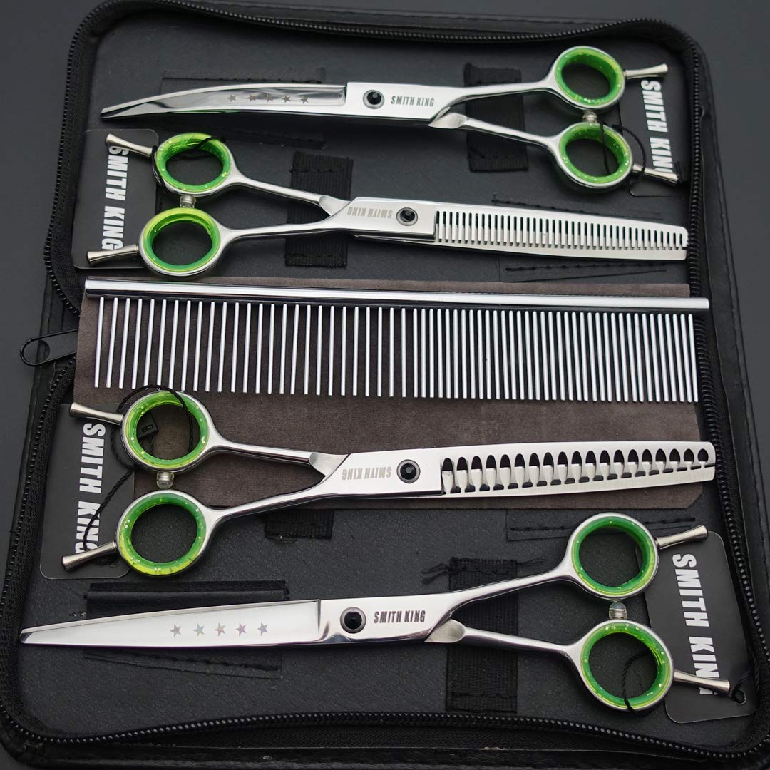 7.0 Inches Professional Dog Grooming Scissors Set Straight & Thinning & Curved & Chunkers & Comb 5Pcs In 1 Set For Left-Handed & Right Handed