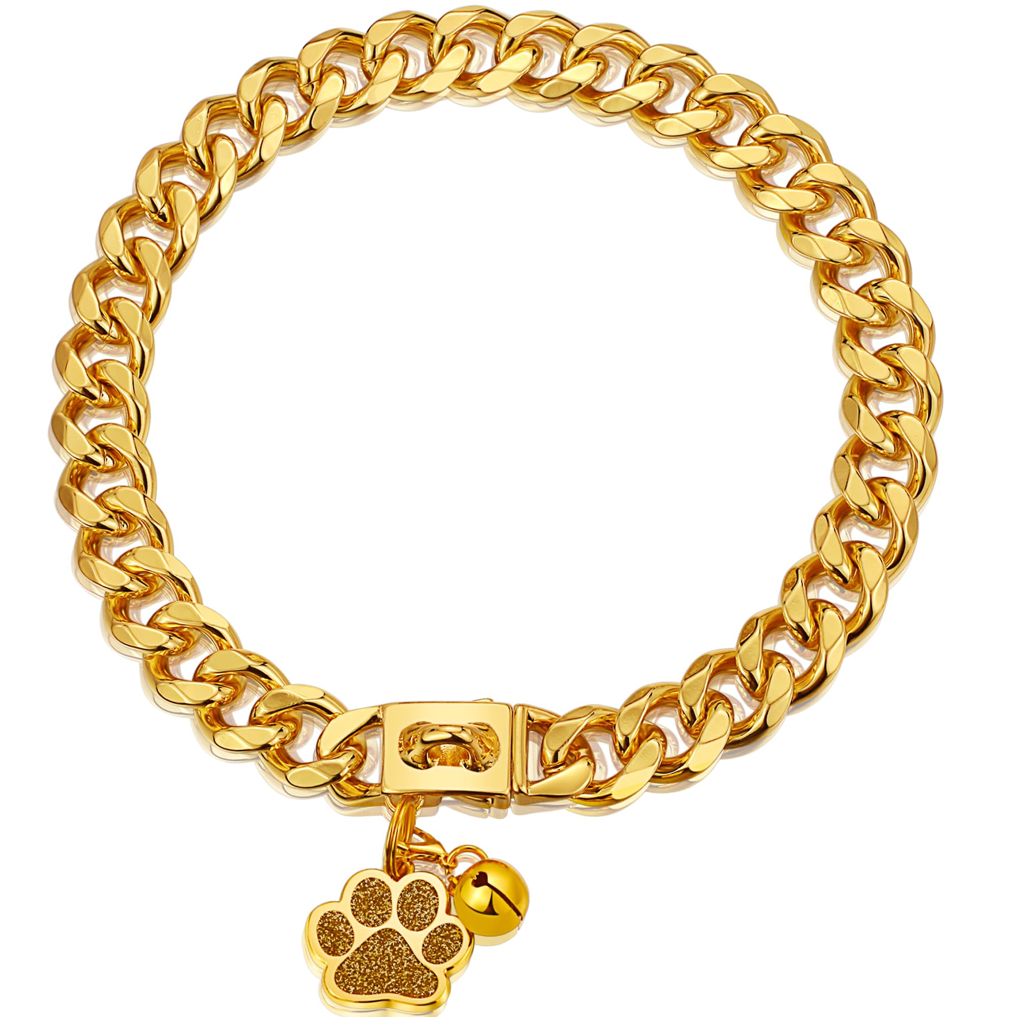 Luxlife 15Mm/10 Inch Gold 18K Gold Chain Dog Collar With Built-In Bell And Tag For Small, Medium, Large Dogs