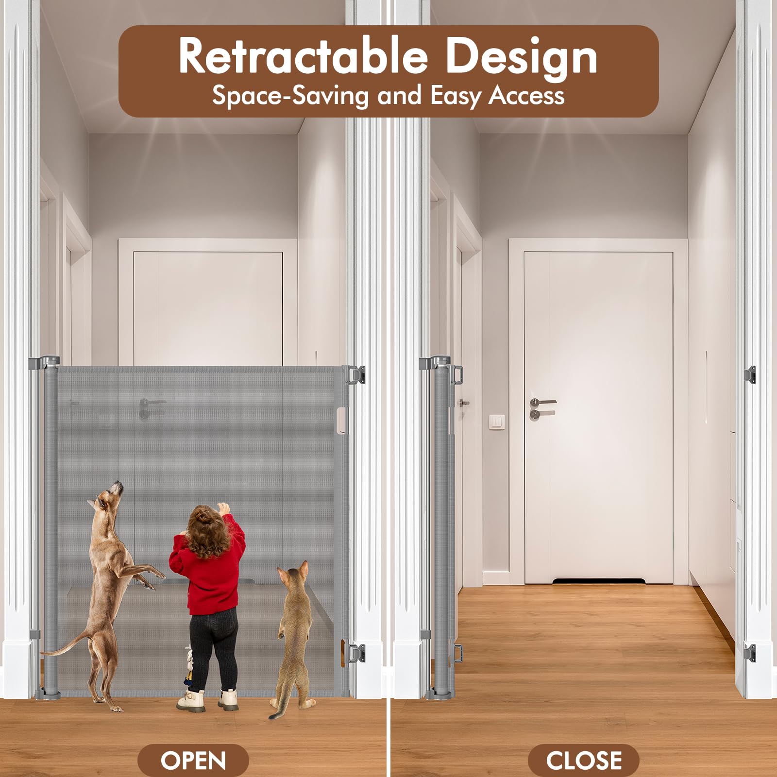 48 Inch Extra Tall Dog Gate, Extends to 55'' Wide, Extra Tall Retractable Baby Gates for Doorways Extra Tall Pet Gate Indoor Mes