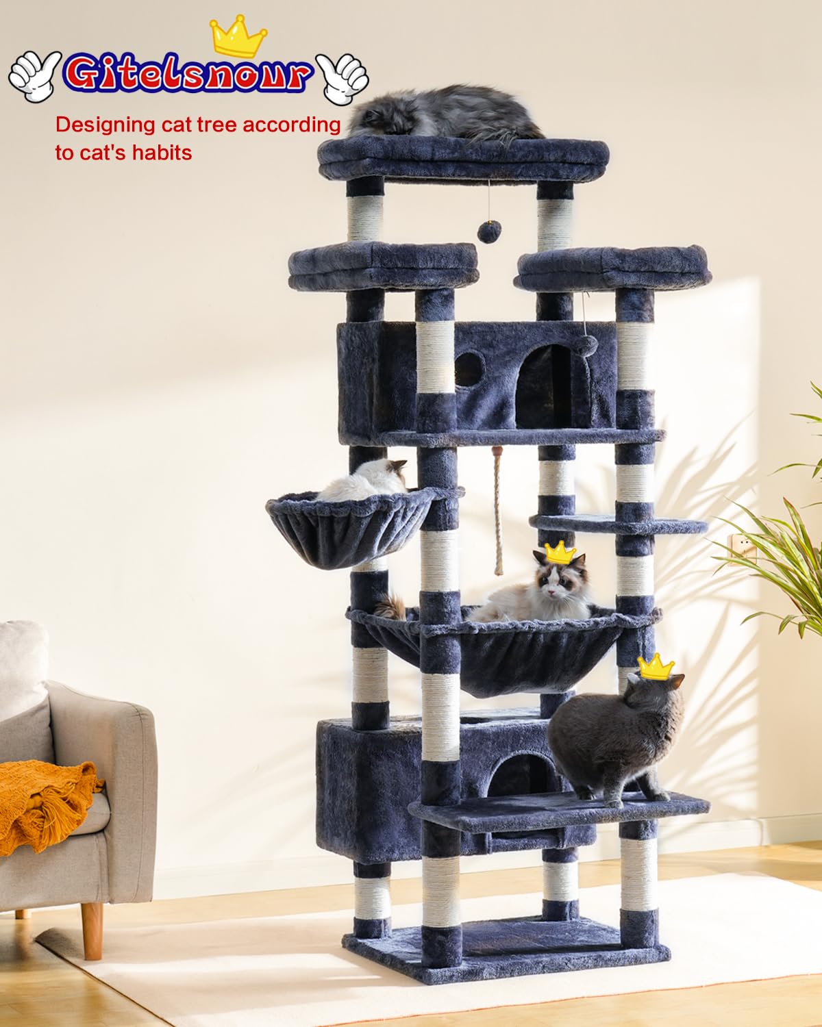 Gitelsnour Cat Tree For Indoor Cats Large Adult, 74'' Cat Tower With 3 Big Platforms, 2 Baskets, 2 Condos, Multi-Level Cat Scrat