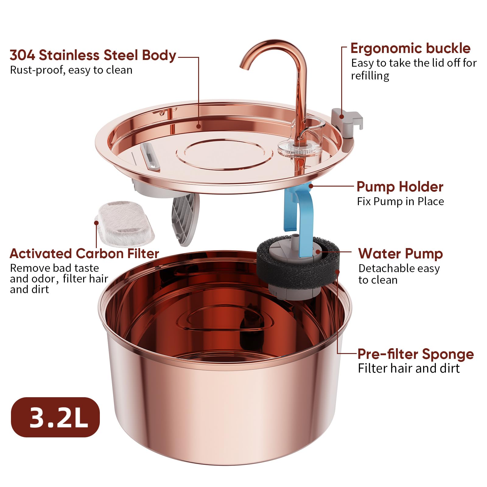 Tomxcute Cat Water Fountain Stainless Steel - 108Oz/3.2L Cat Fountain For Drinking- Large Capacity Pet Water Fountain - Copper S