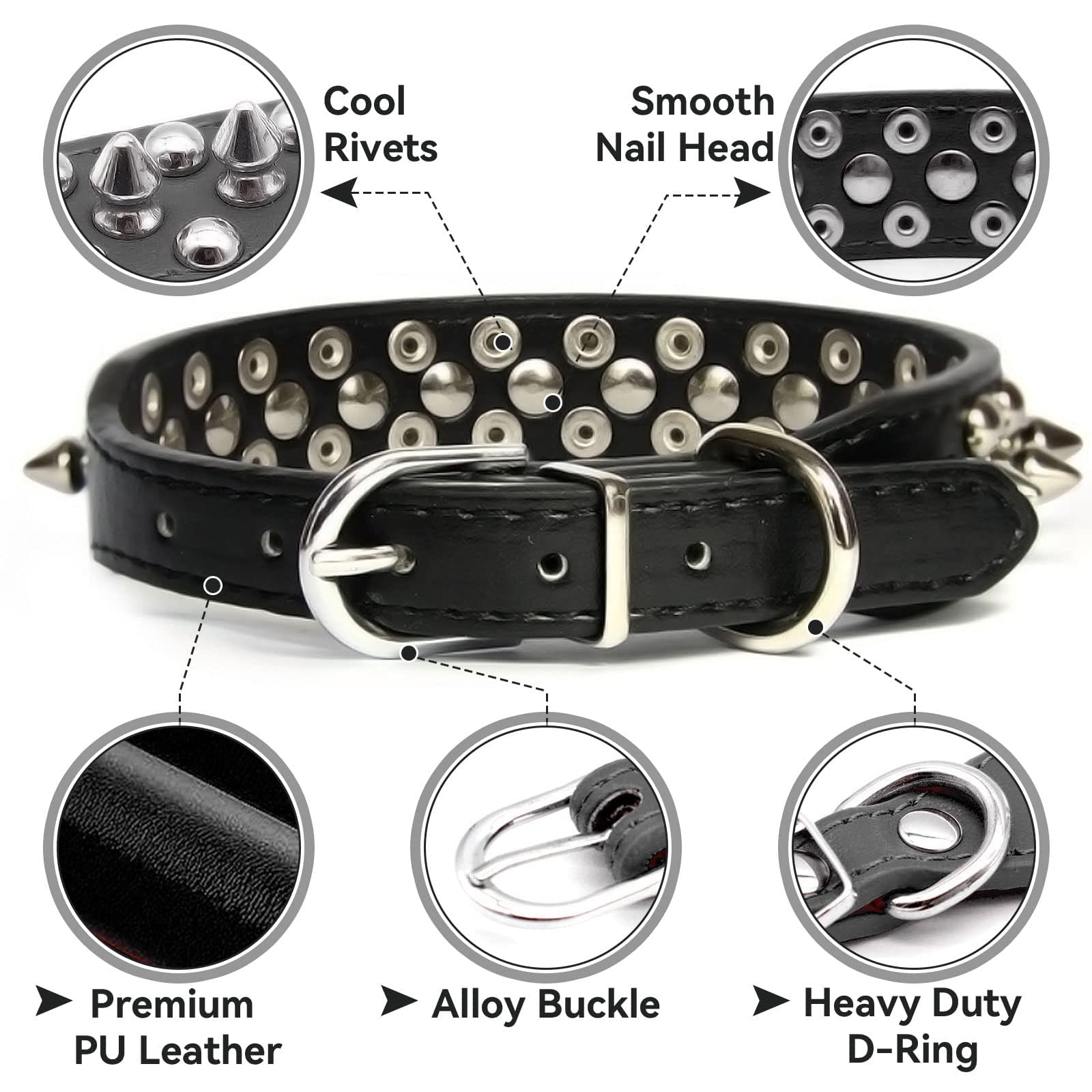 Doggyzstyle Spiked Dog Cat Collar Male Black Soft Leather Spike Puppy Collars Adjustable Mushroom Anti Bite Studded Small Dog Collars For Chihuahua Yorkshire Shihztu Poodle Pit Bull (Black,S)