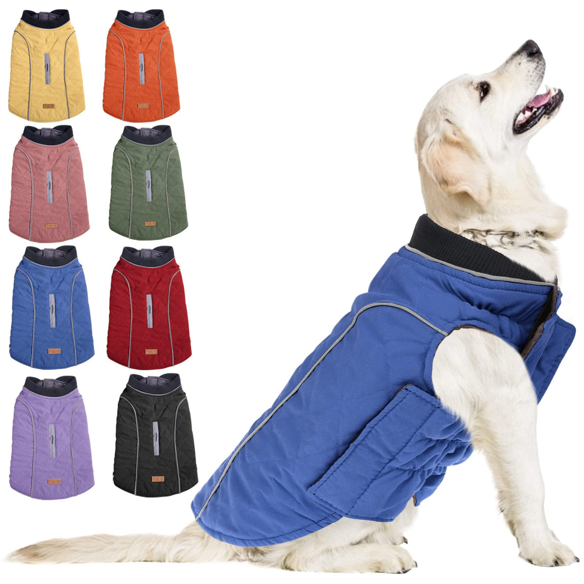 Koeson Windproof Dog Cold Weather Coat, Reflective Pet Winter Thick Warm Outdoor Jacket With Harness Hole, Comfy Cotton Apparel Padded Vest For Small Medium Large Dogs Blue S