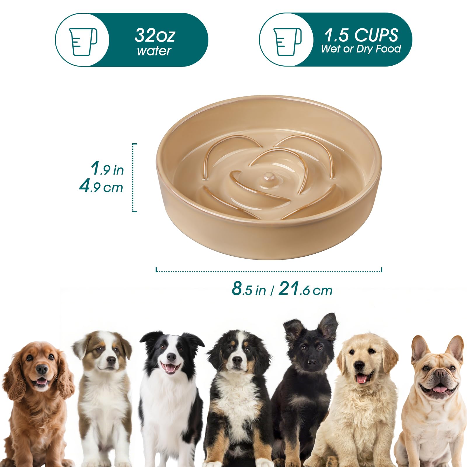 vancasso Slow Feeder Dog Bowl, 1.5 Cups Ceramic Slow Feeder for Medium Breed, Puzzle Maze Dog Food Bowl for Fast Eater, Khaki