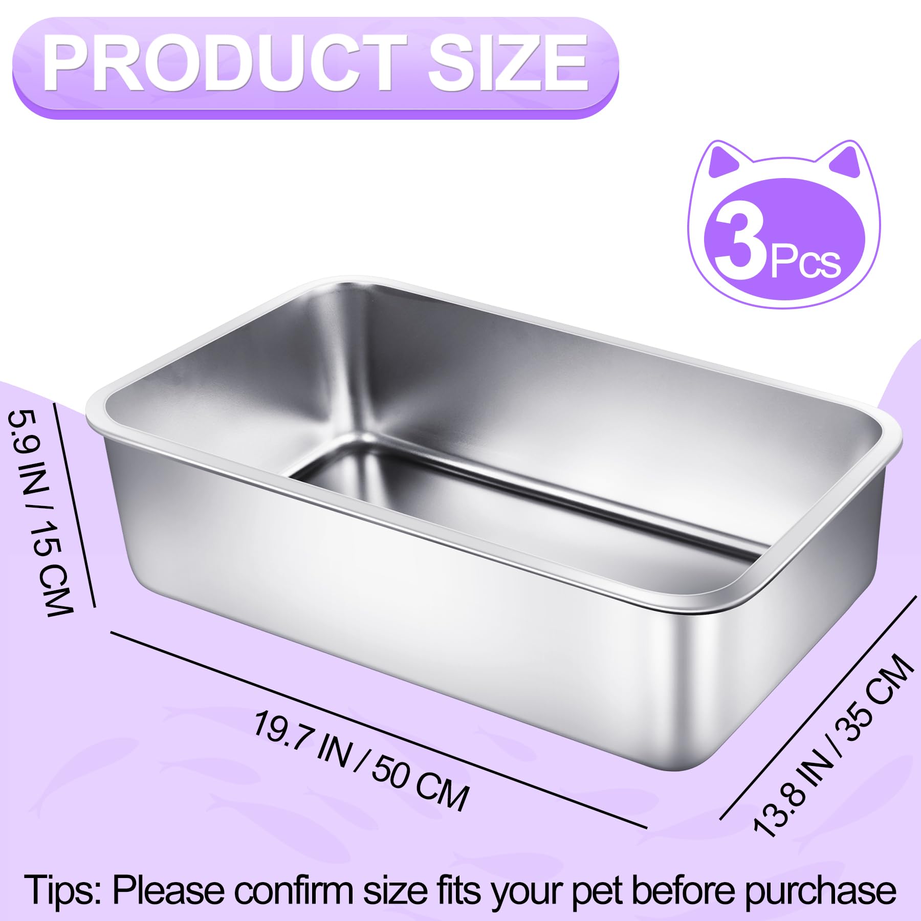 Phepetroll 3 Pack Stainless Steel Cat Litter Boxes 19.7' L X 13.8' W X 5.9' H Extra Large Metal Litter Boxes With High Sides