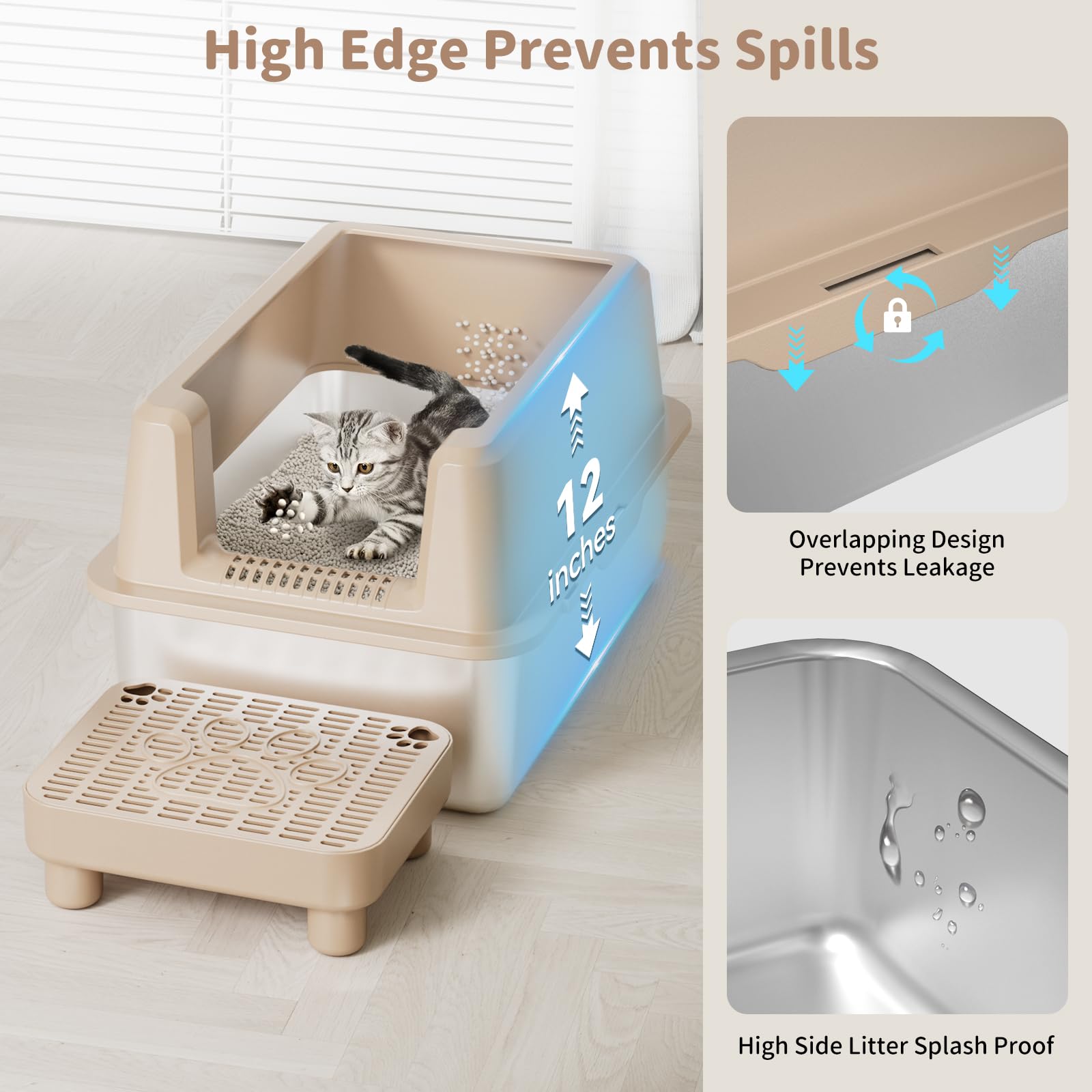 Enclosed Stainless Steel Cat Litter Box, Extra Xl Large With Lid, Metal Litter Box With High Sided, Easy Clean, Odorless, Anti-U