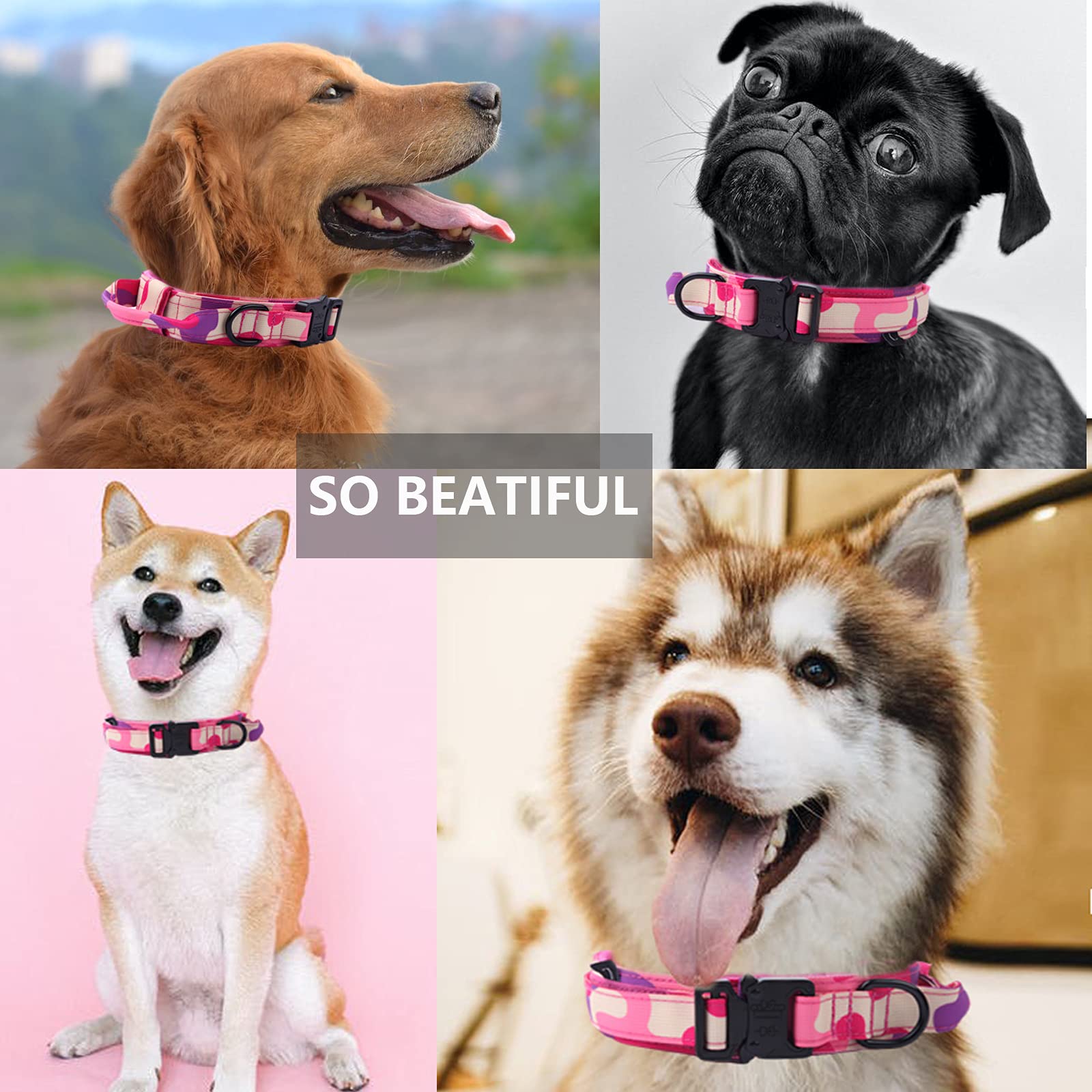 Tactical Dog Collar Military Dog Collar Adjustable Nylon Dog Collar Heavy Duty Metal Buckle With Handle For Dog Training (Pink Camo,L)