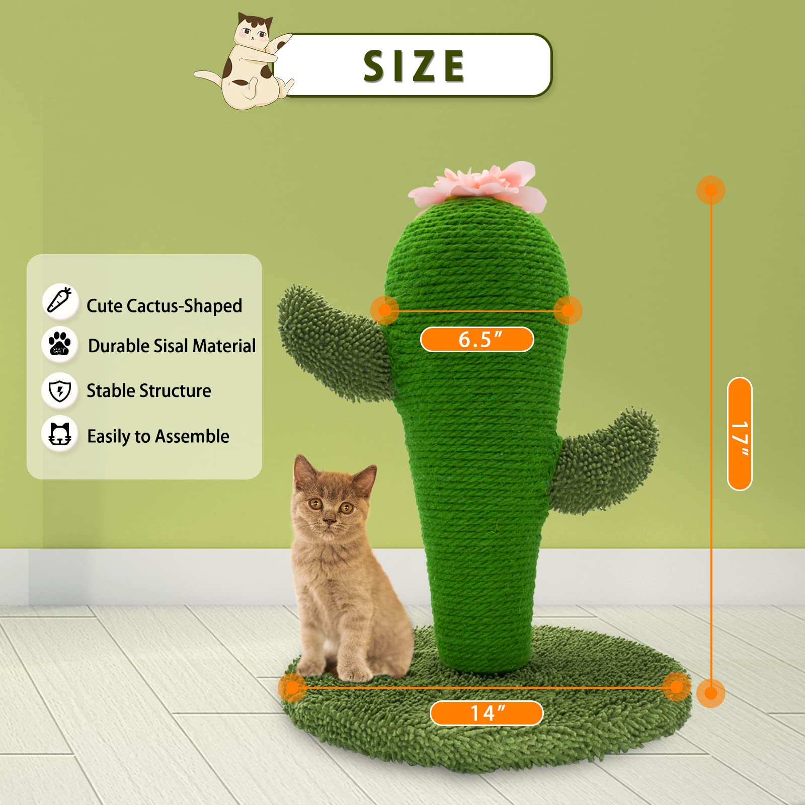 Auscat Cat Scratching Post, Cute Cactus Scratching Post, Nature Sisal Cat Scratcher For Indoor Cats And Kittens