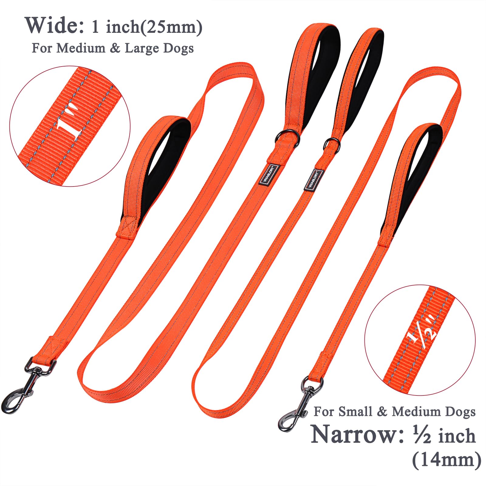 Vivaglory Traffic Handle Dog Leashes, Two Padded Soft Handles Strong Dog Leash, Reflective & Metal Hook Training Pet Lead, Orang