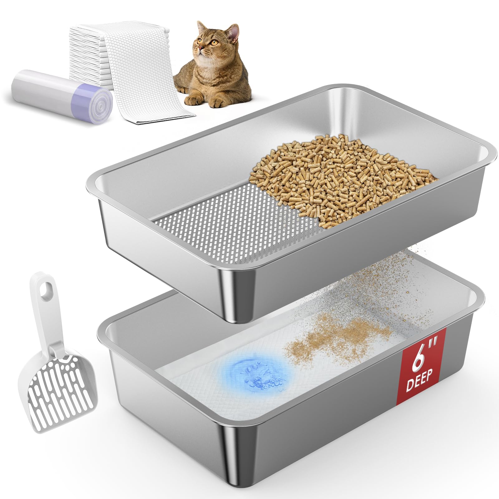 23.6   X15.7   X6    Suzzipaws Stainless Steel Litter Box With Odor Control System, Xl Open Top Sifting Litter Box For Big Cats,