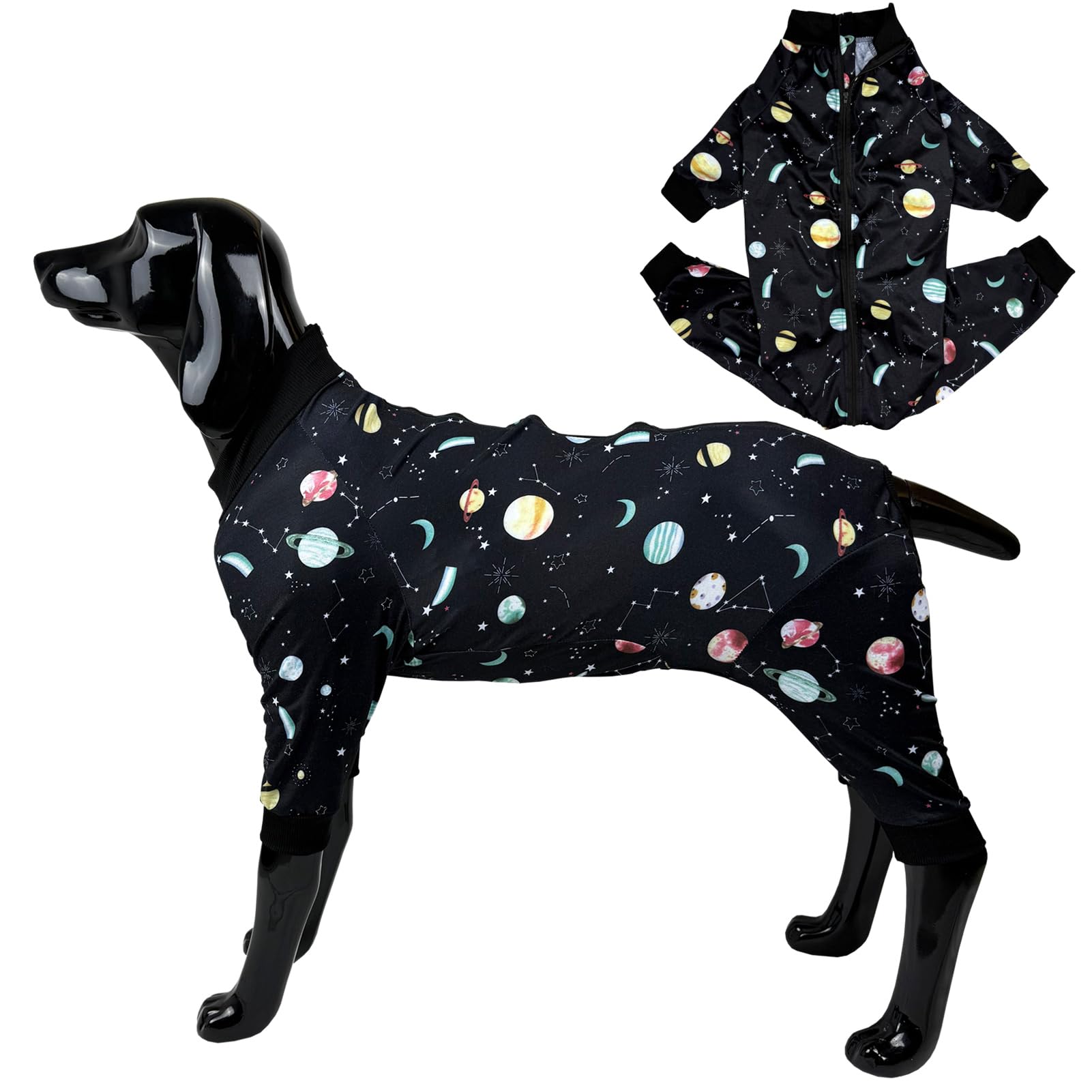 D.E.E Dog Pajamas Large Cotton Dog Clothes Warm And Comfortable Lightweight Jumpsuits Prevent Licking Wound (Zipgalaxyblack, 2Xl