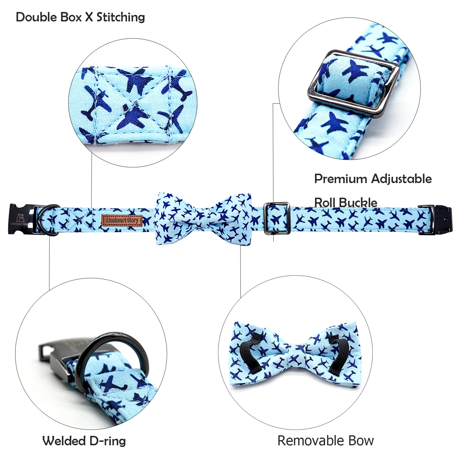 Lionheart glory Dog Collar, Blue Dog Bow Collar Boy Dog Collars with Bow Heavy Duty Adjustable Bowtie Collar for Small Dogs Pet