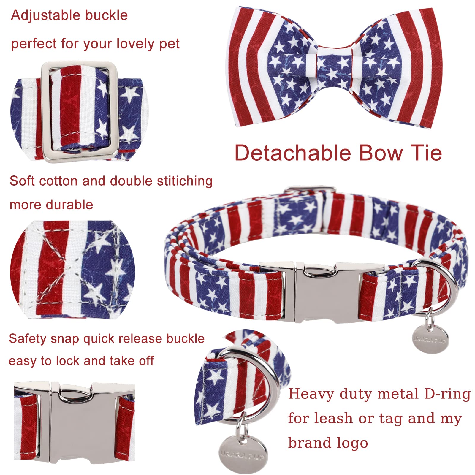 Up Urara Pup Dog Collar With Bow Tie, 4Th Of July Comfortable Cotton, American Flag For Medium Girl Boy, Patriotic Bowtie With M