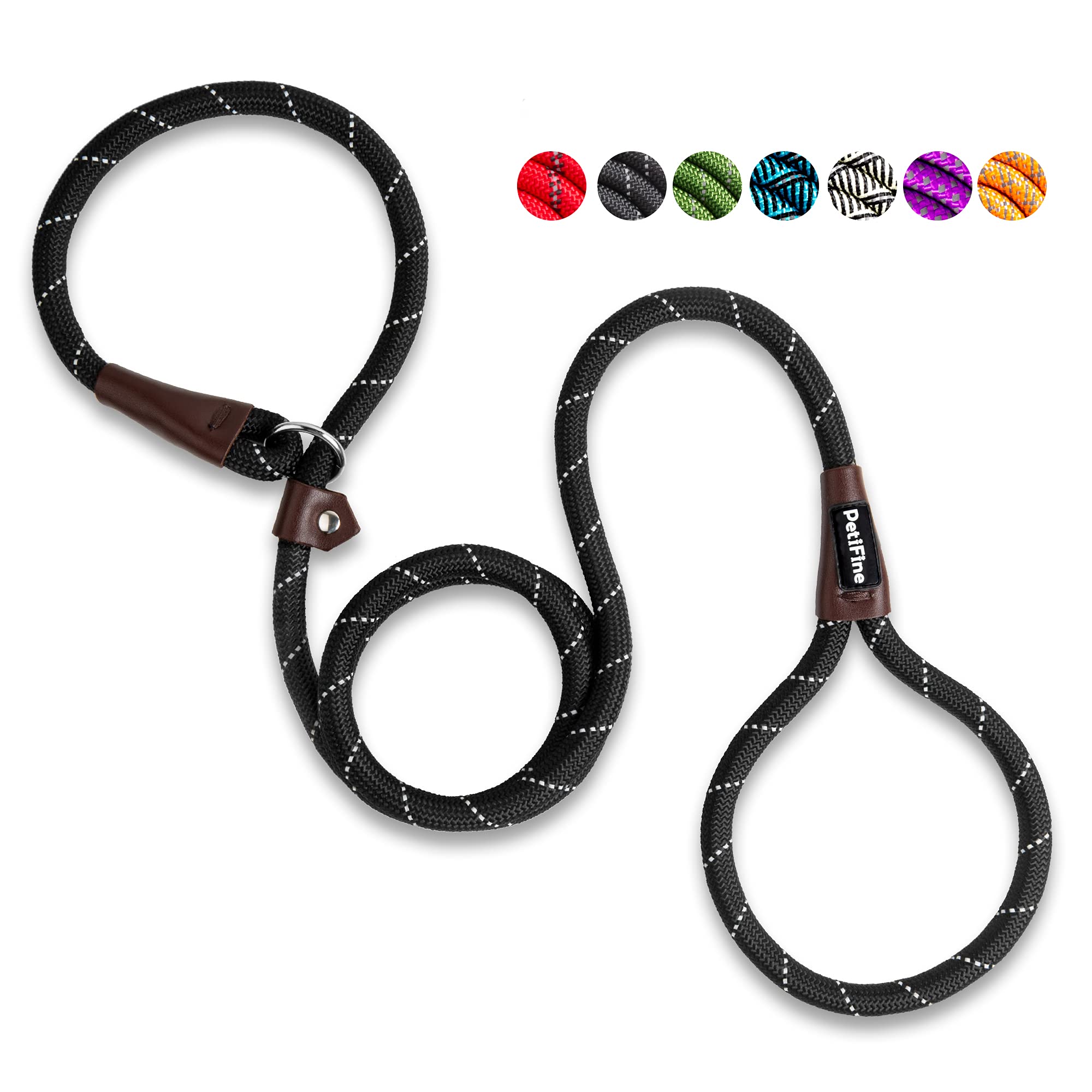Petifine Slip Lead Dog Leash, Full Reflective Slip Knot Dog Training Leashes, Heavy Duty Adjustable Pet Nylon Slip Loop Leash For Small Medium Large Dogs(Black)