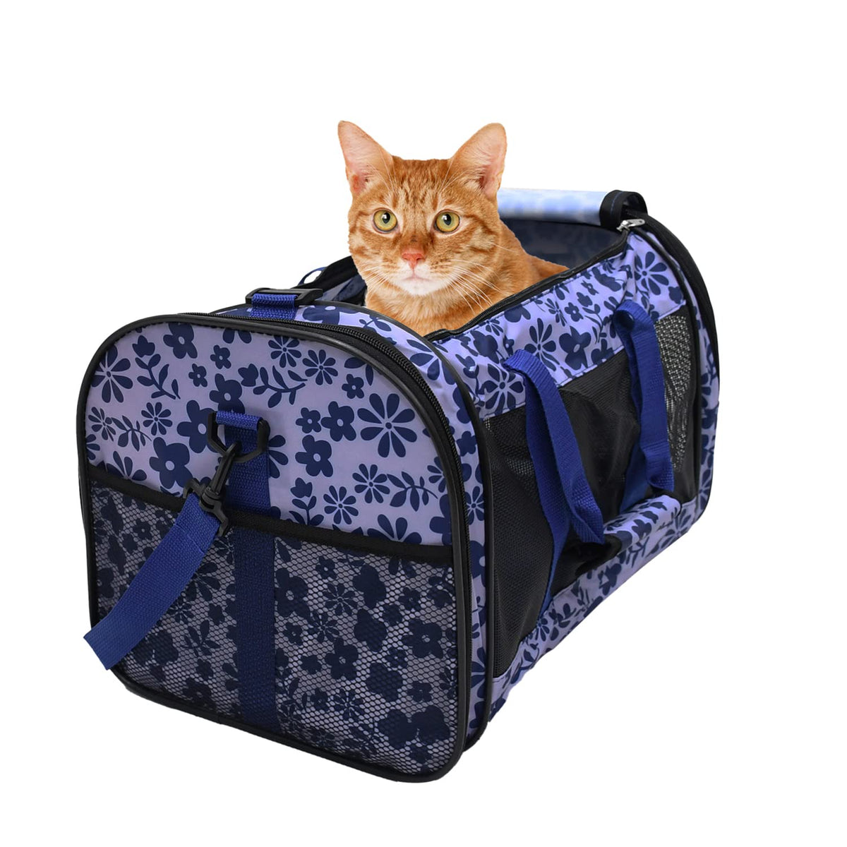 Goopaws Soft-Sided Kennel Pet Carrier For Small Dogs, Cats, Puppy, Airline Approved Cat Carriers Dog Carrier Collapsible, Travel Handbag & Car Seat (Large: 19' X 11' X 11', Floral Print Blue)